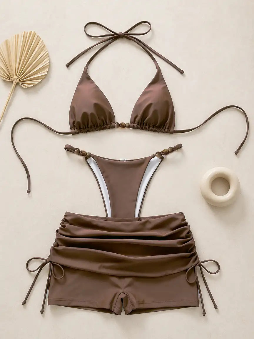 3-Piece Bali Beaded Halter Bikini Set - Cocoa Brown
