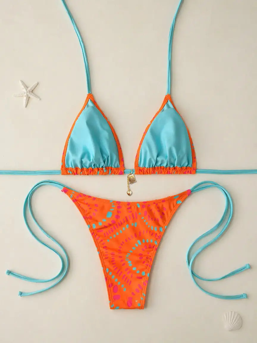 Bali Contrast Dot Charm Triangle Bikini Set - Neon Tangerine