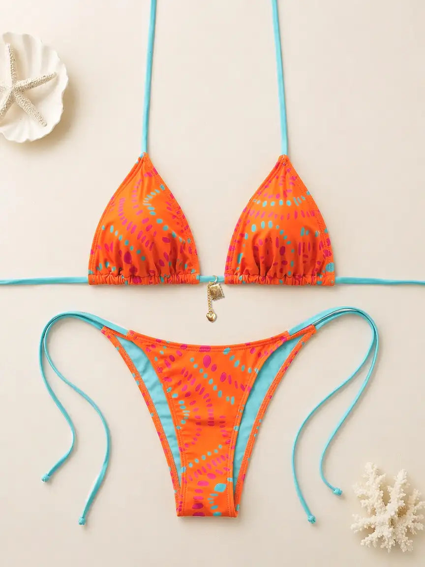 Bali Contrast Dot Charm Triangle Bikini Set - Neon Tangerine