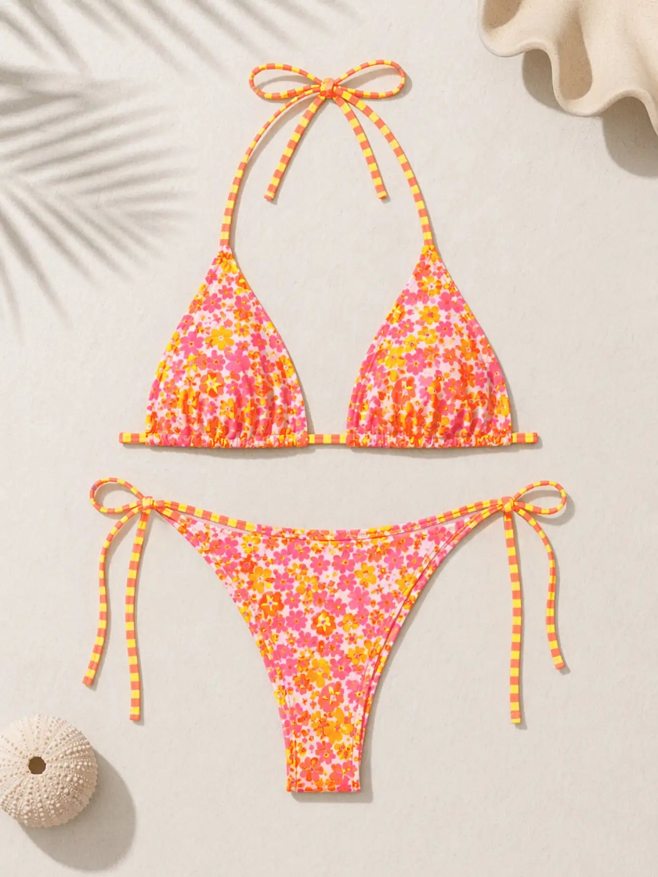 Bali Ditsy Floral Striped Tie Triangle Bikini Set - Peach Orange