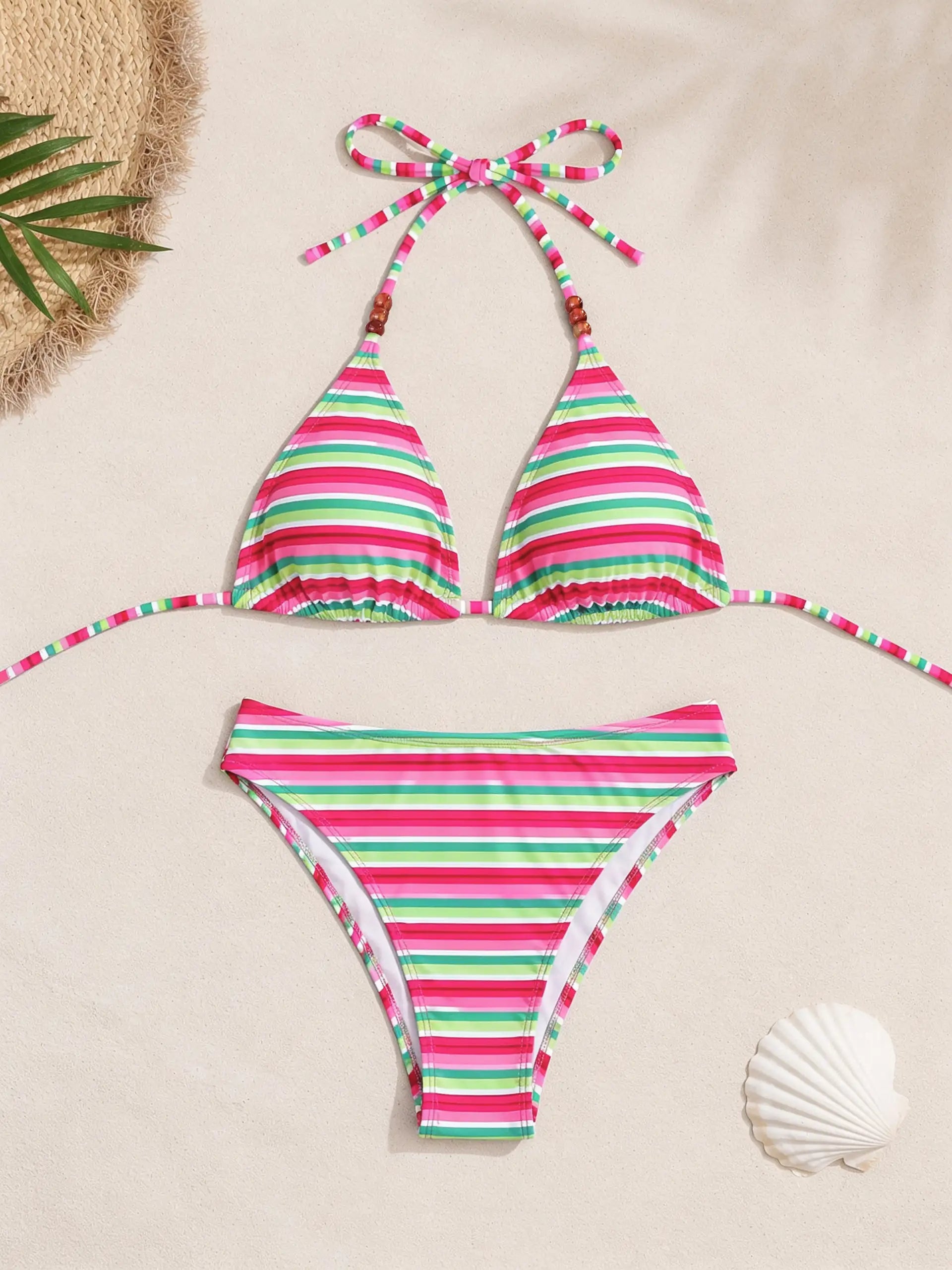 Barbados Bead Halter High Cut Bikini Set - Tropical Candy Stripe