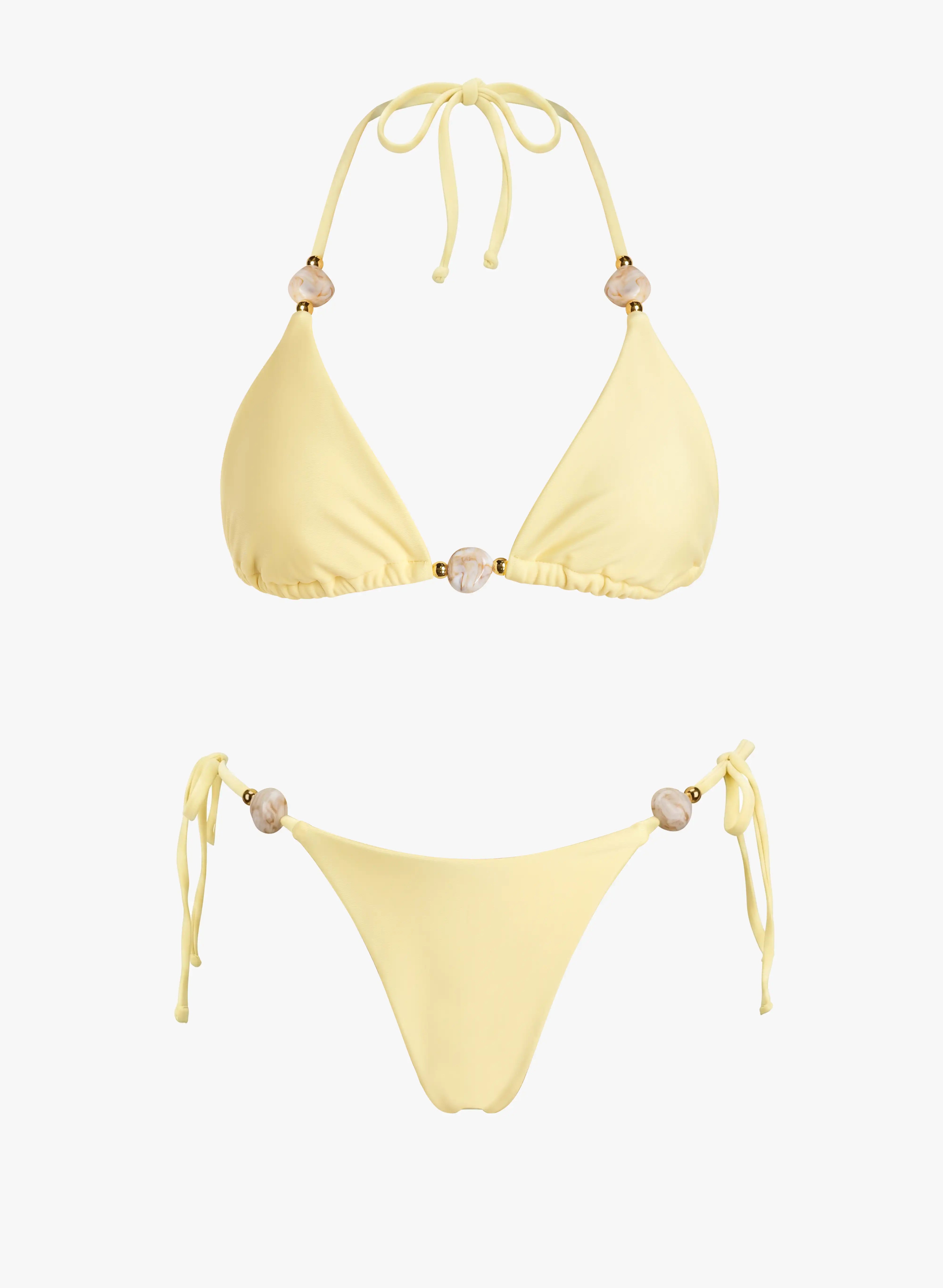 Barbados Shell‑Bead Halter Triangle Bikini Set‑Butter Yellow