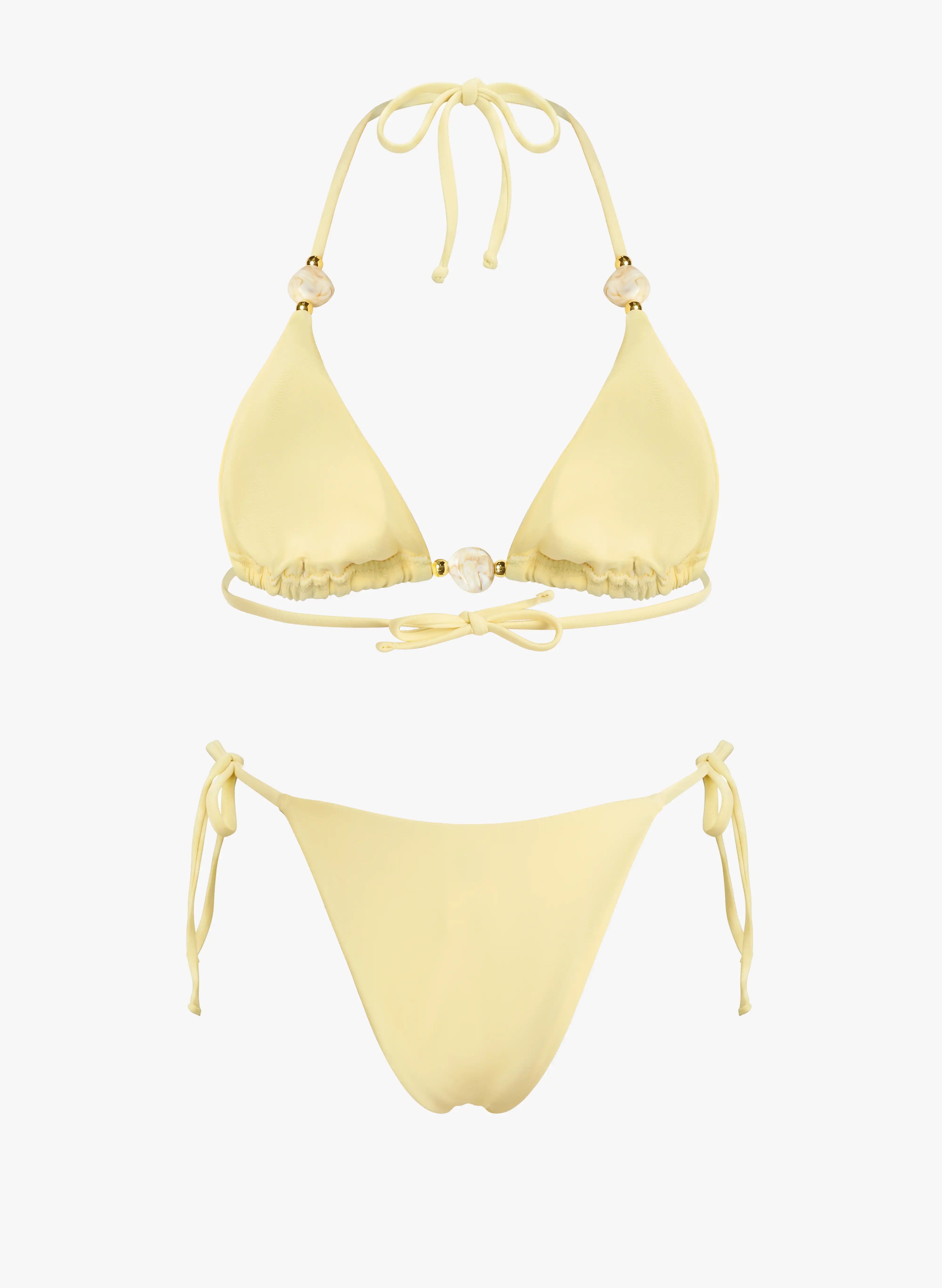 Barbados Shell‑Bead Halter Triangle Bikini Set‑Butter Yellow