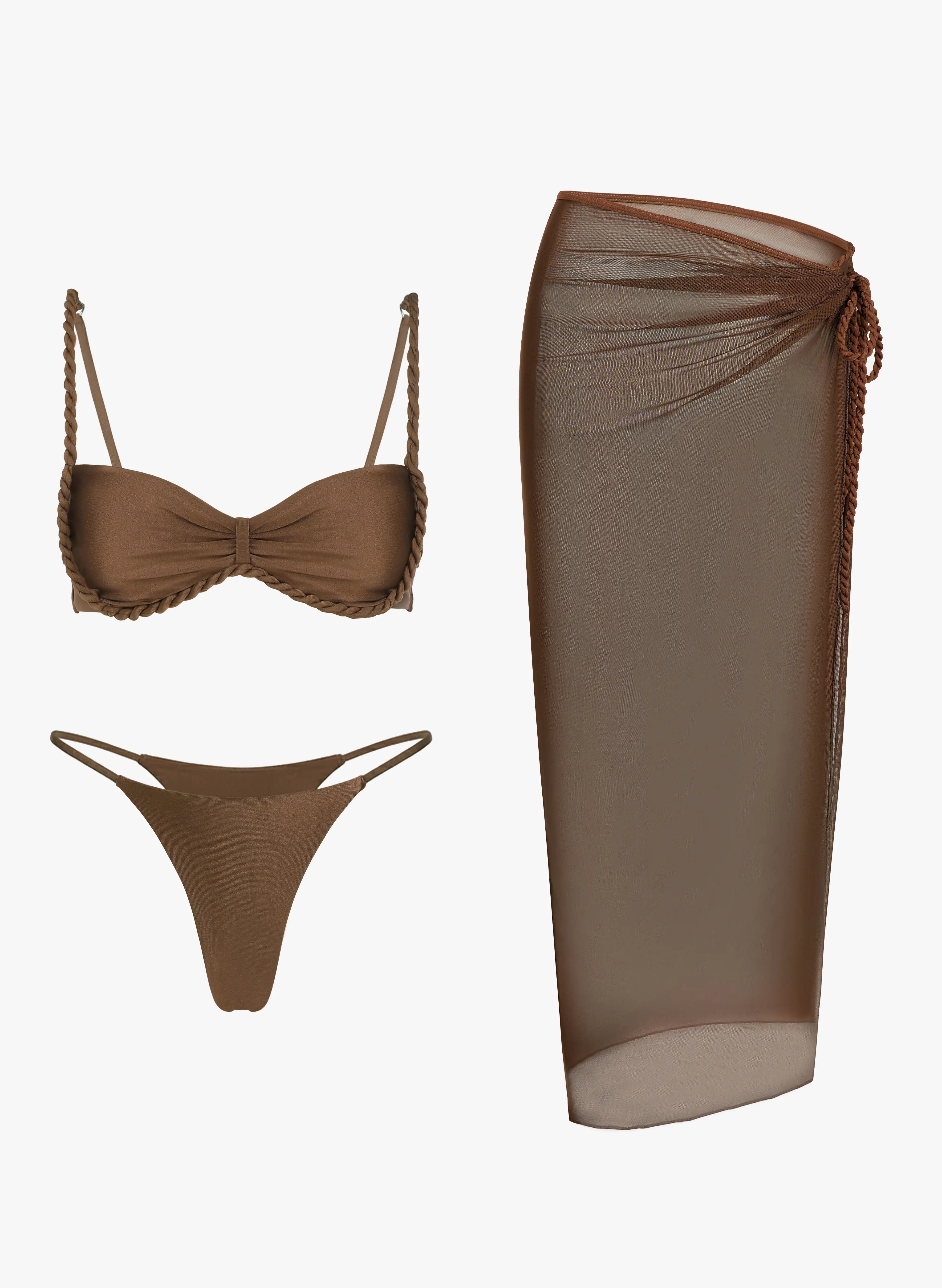 Braided Strap High Cut Bikini and Sheer Mesh Slit Maxi Skirt 3 Piece Swimsuit