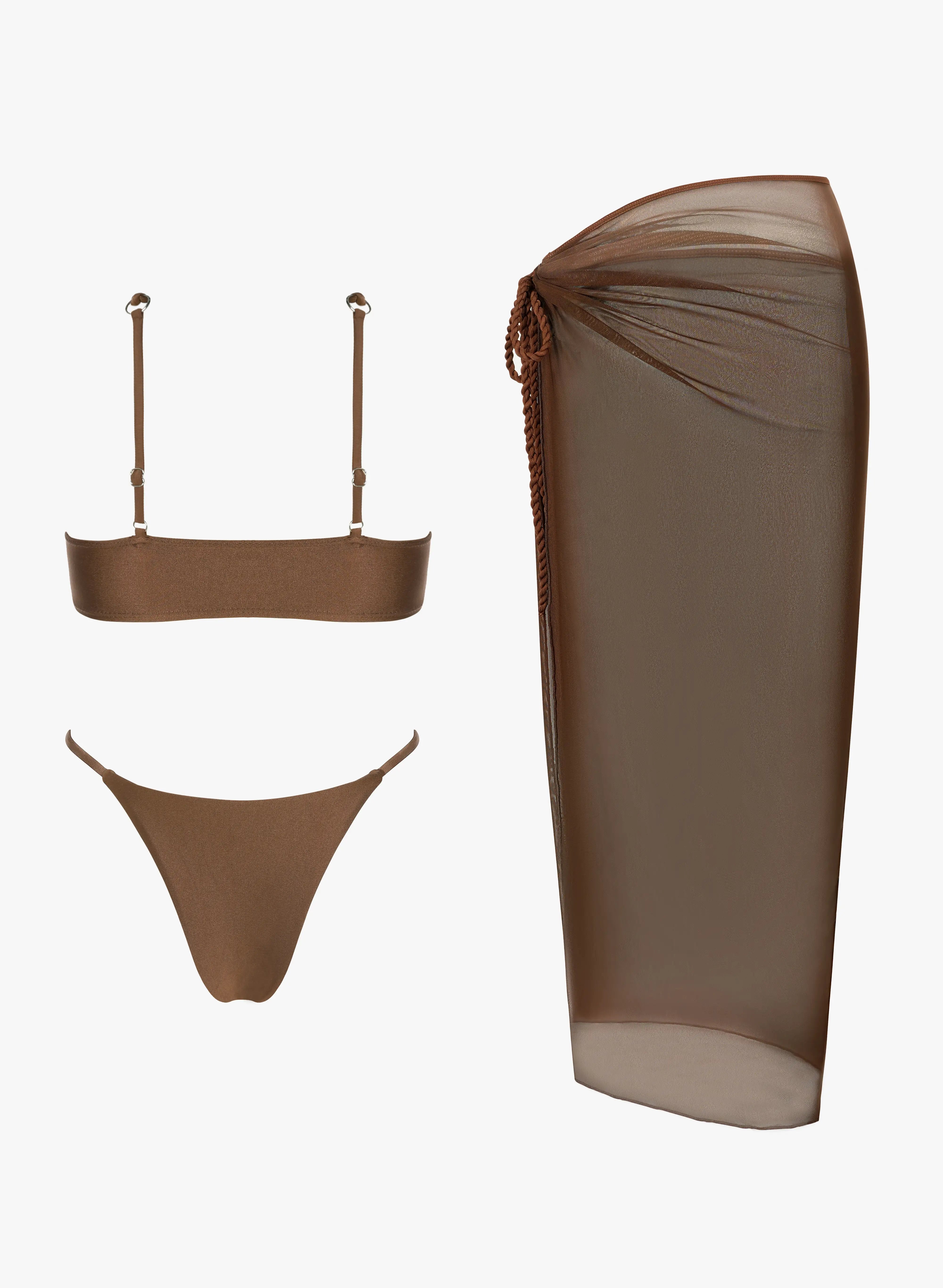 Braided Strap High Cut Bikini and Sheer Mesh Slit Maxi Skirt 3 Piece Swimsuit