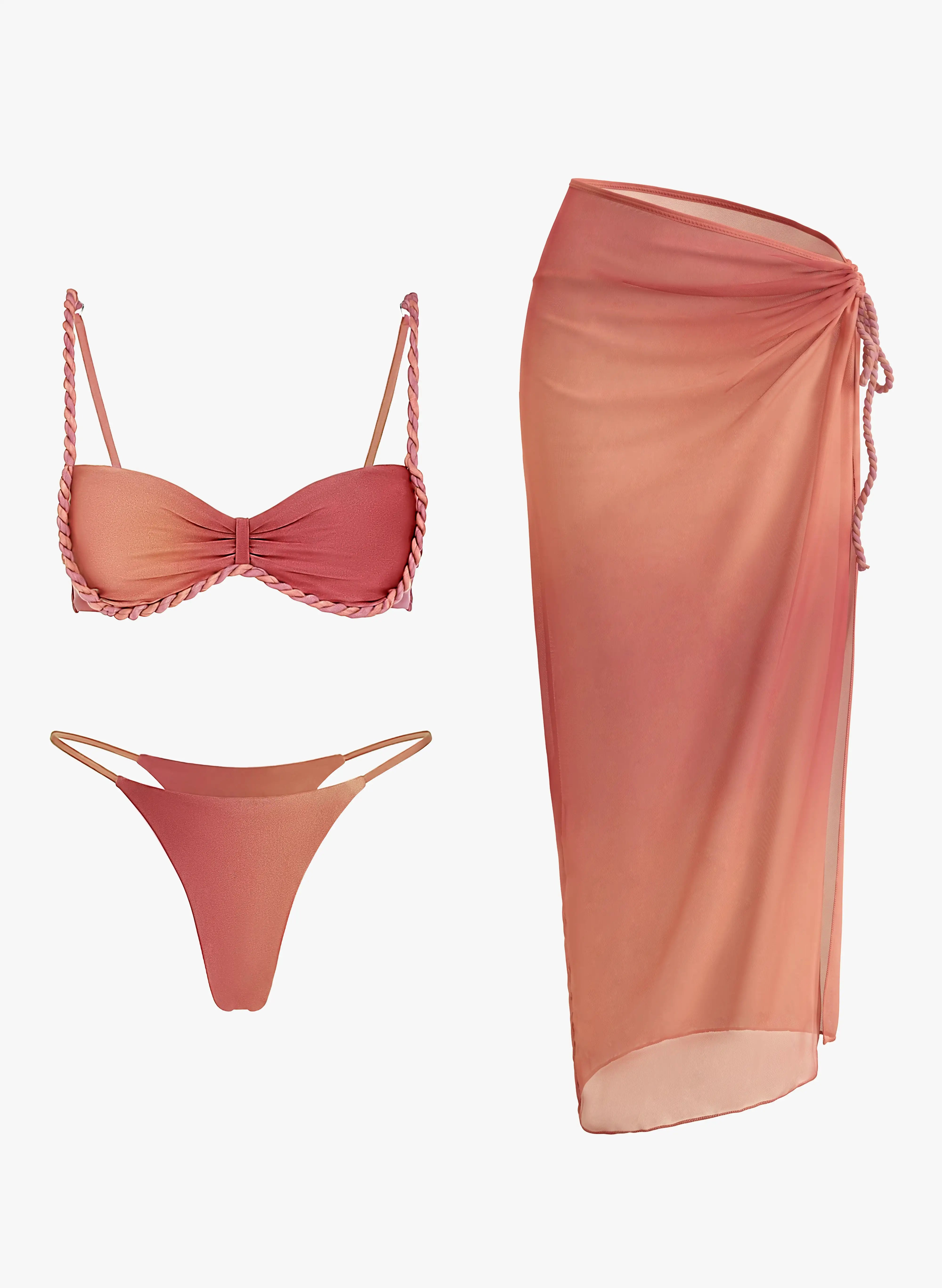 Braided Strap High Cut Bikini and Sheer Mesh Slit Maxi Skirt 3 Piece Swimsuit