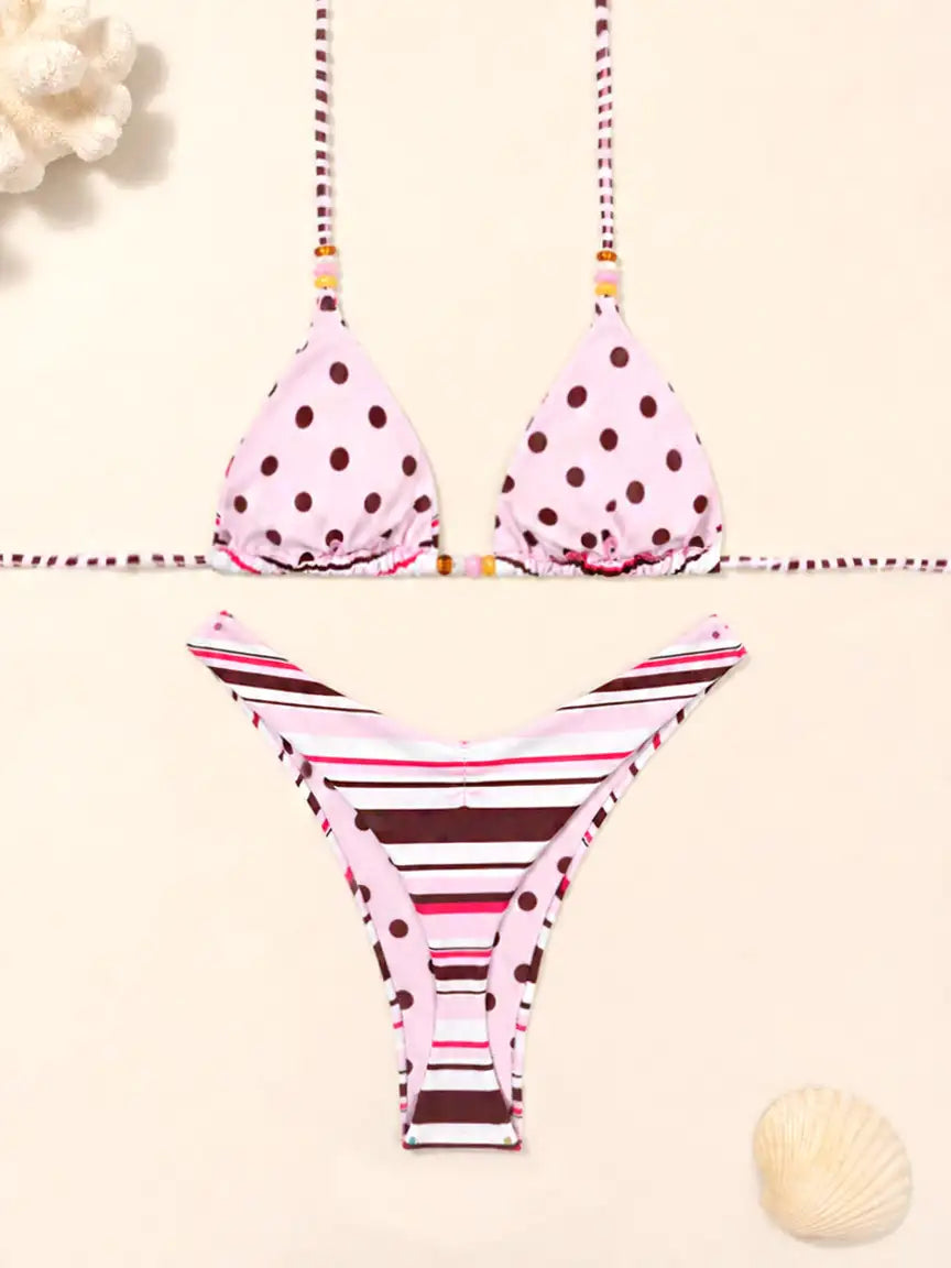 Capri Beaded Stripe Triangle Bikini Set - Pink