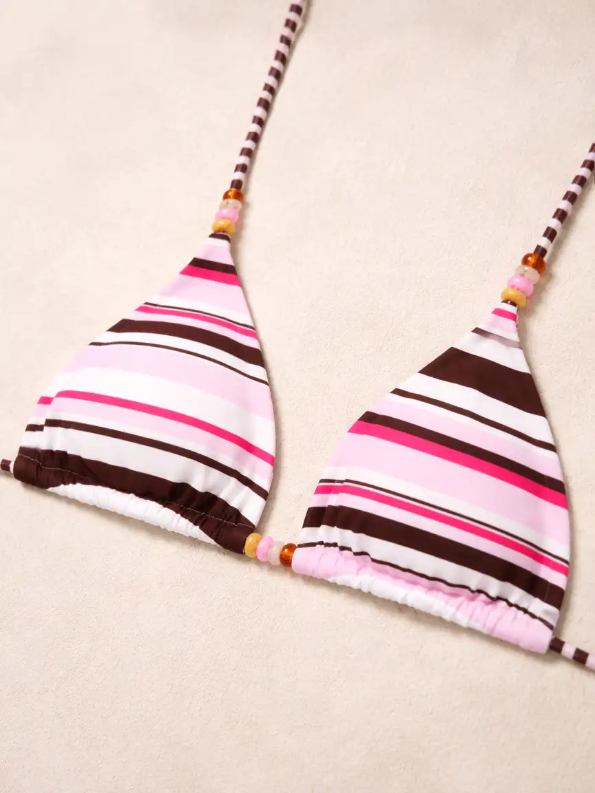 Capri Beaded Stripe Triangle Bikini Set - Pink