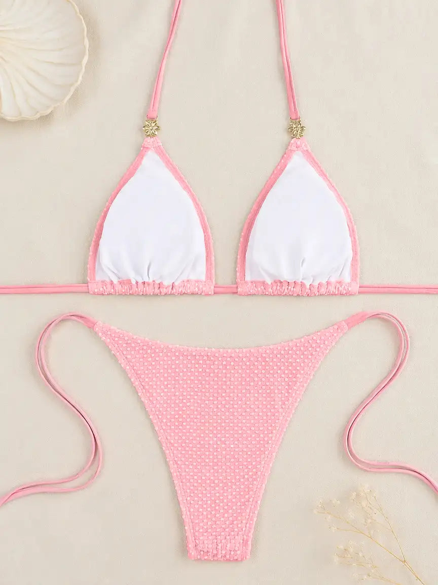 Capri Bubble Starfish Triangle Side Tie Bikini Set - Baby Pink