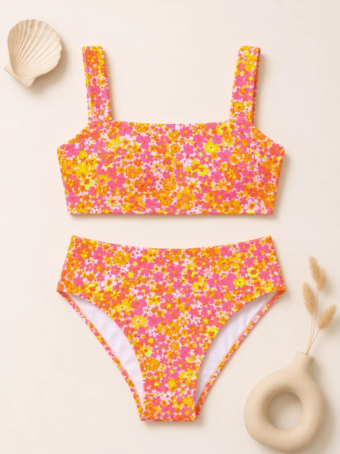 Capri Ditsy Floral Square Neck High Waist Bikini Set - Tangerine