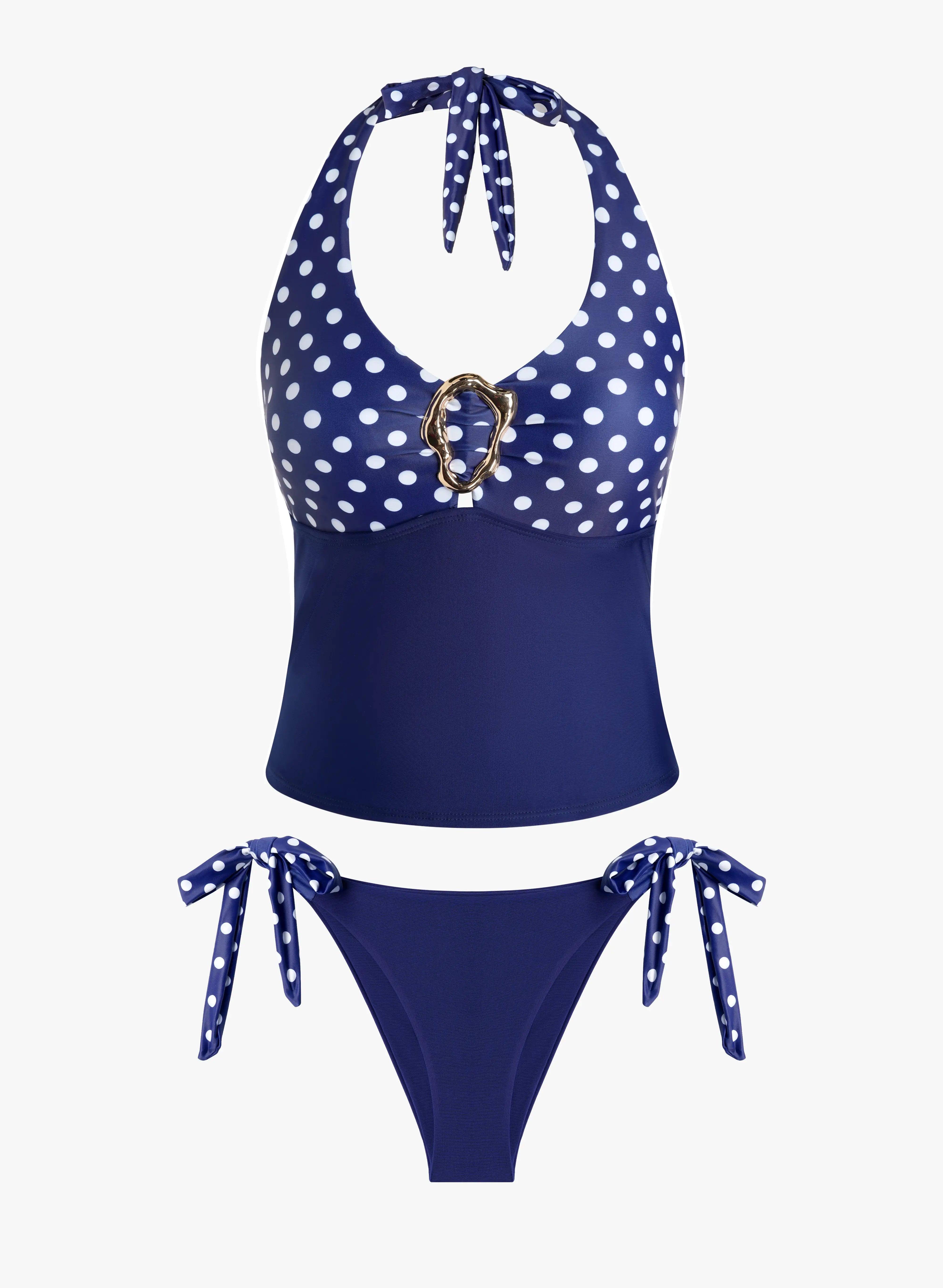 Capri Polka Dot Halter Tankini Side-Tie Set - Navy Blue