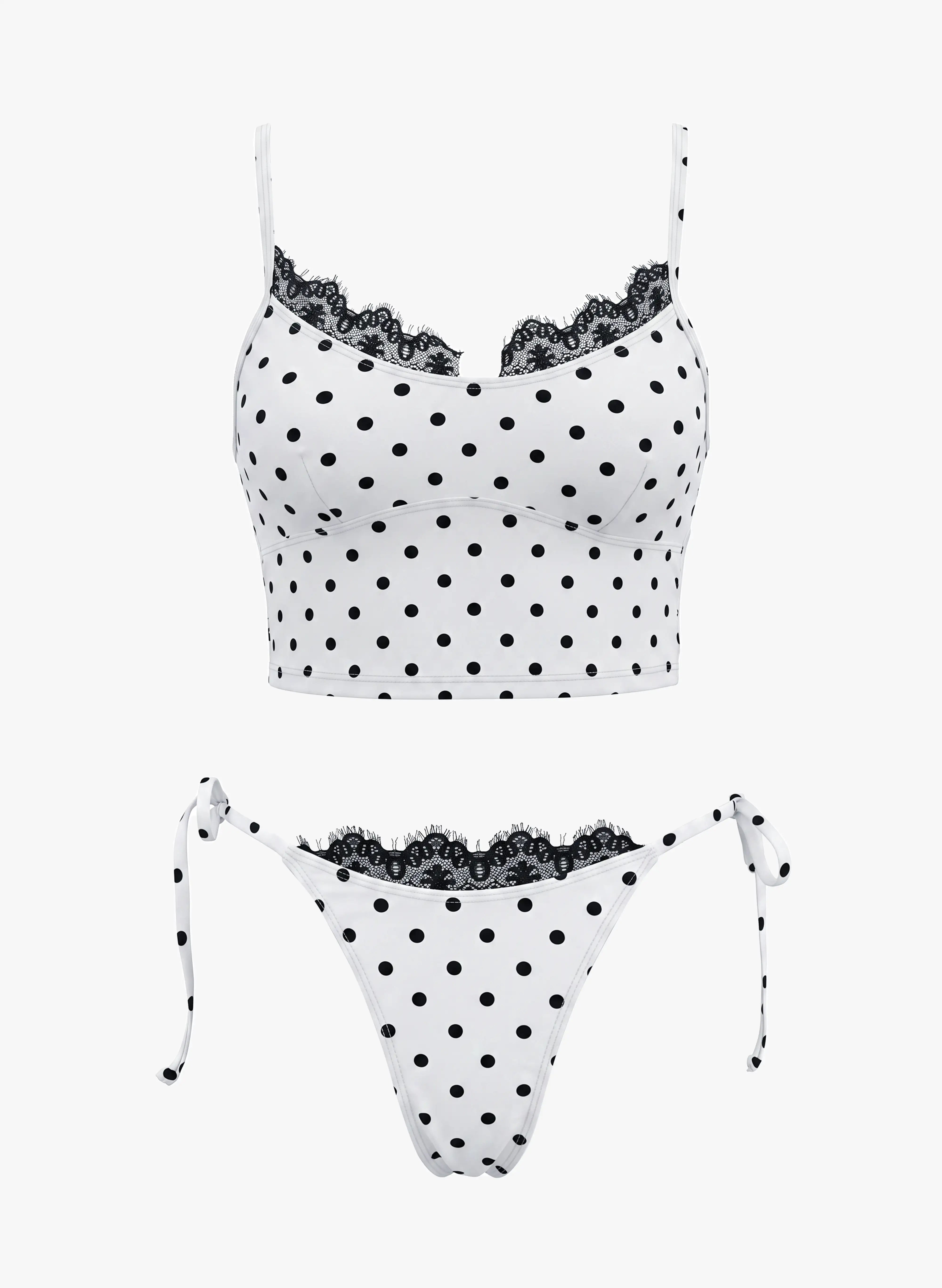 Capri Polka Dot Lace Trim Tankini Set - White