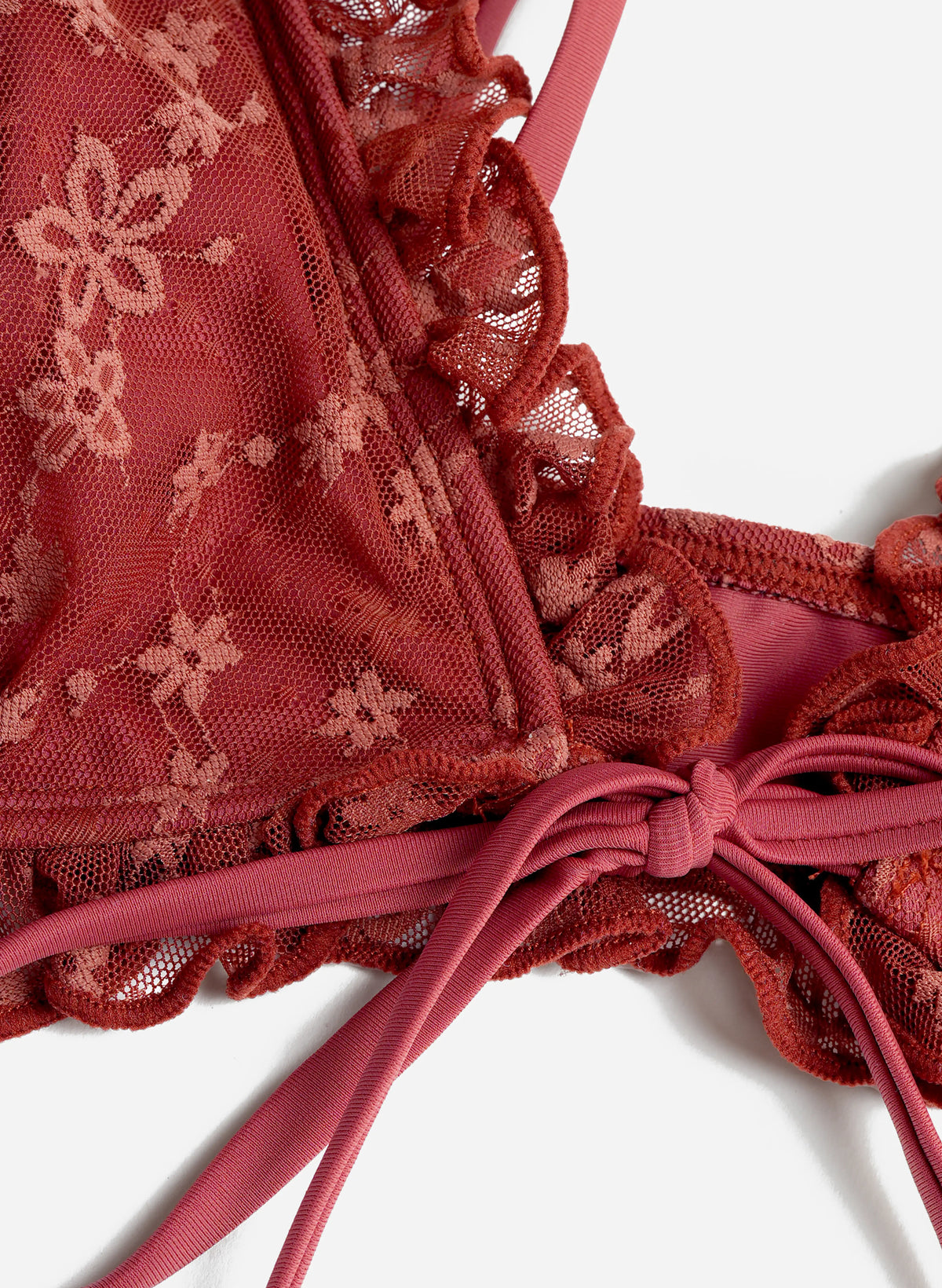 Tuscany Bikini-Set mit Rüschenfront und Bindedetail – gebranntes Umberbraun