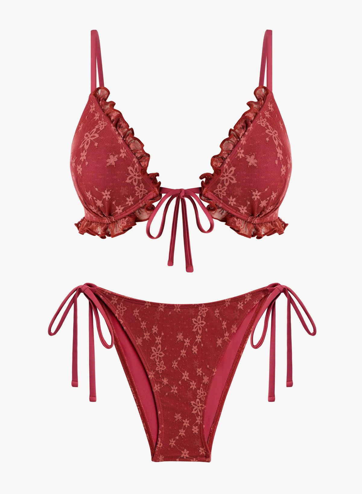 Tuscany Bikini-Set mit Rüschenfront und Bindedetail – gebranntes Umberbraun