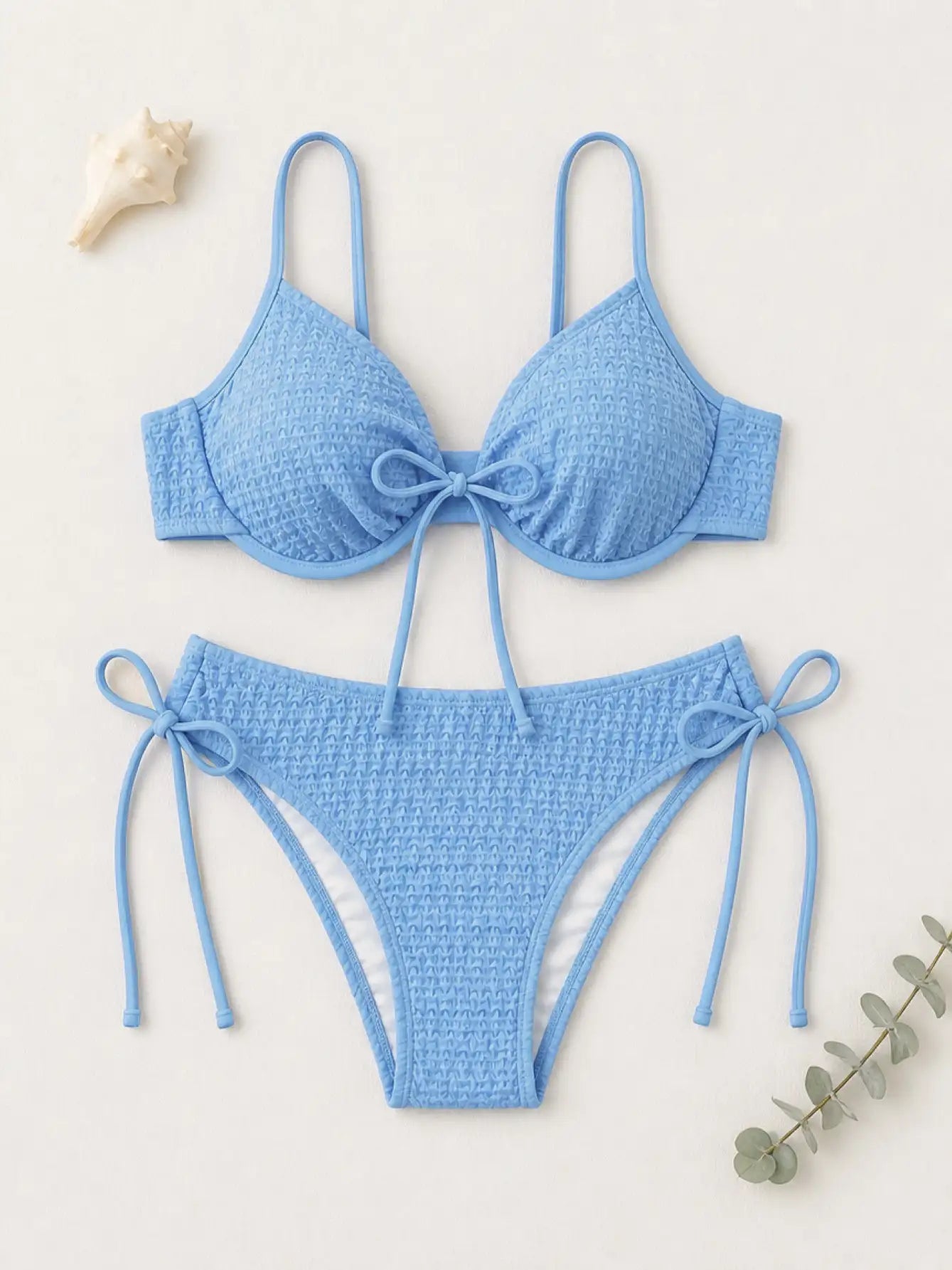 Capri Textured Underwire Tie-Front Bikini Set - Sky Blue