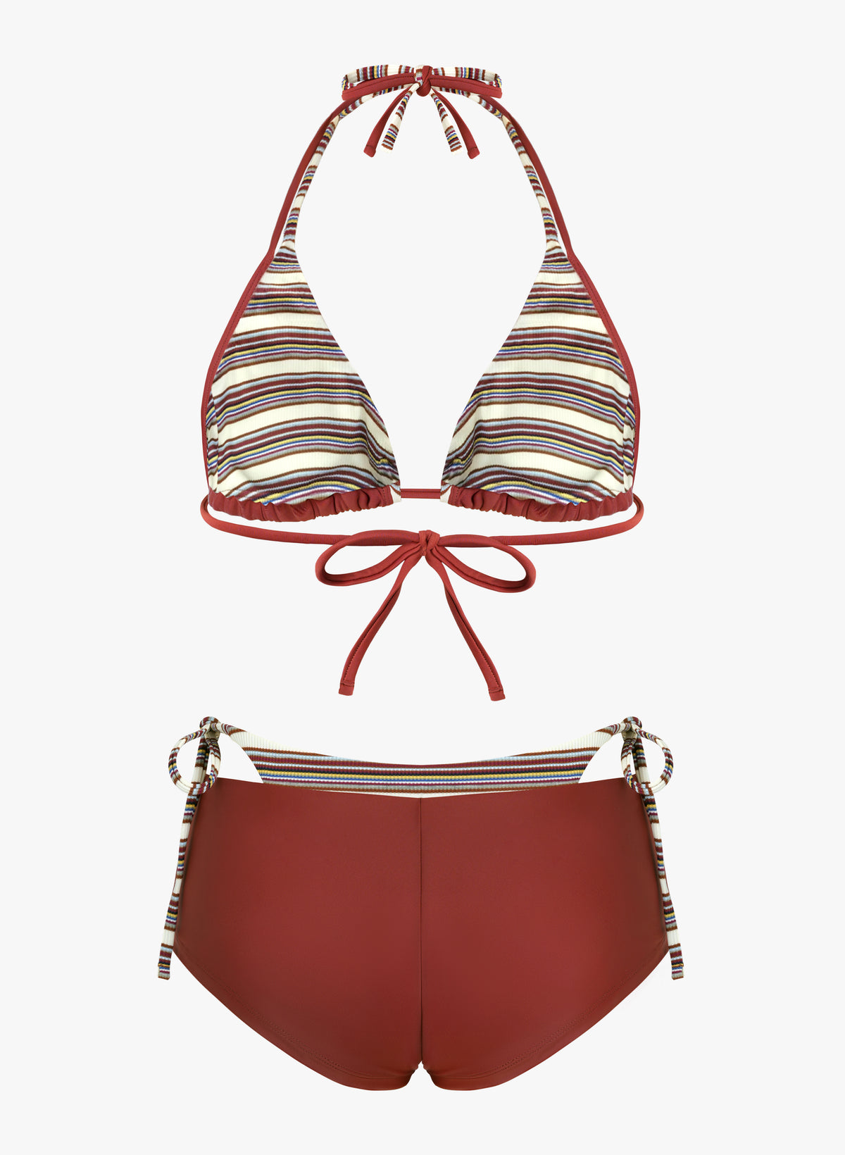 Catalina Striped Trim Halter Bikini Short Set - Rust Burgundy | Beacheers