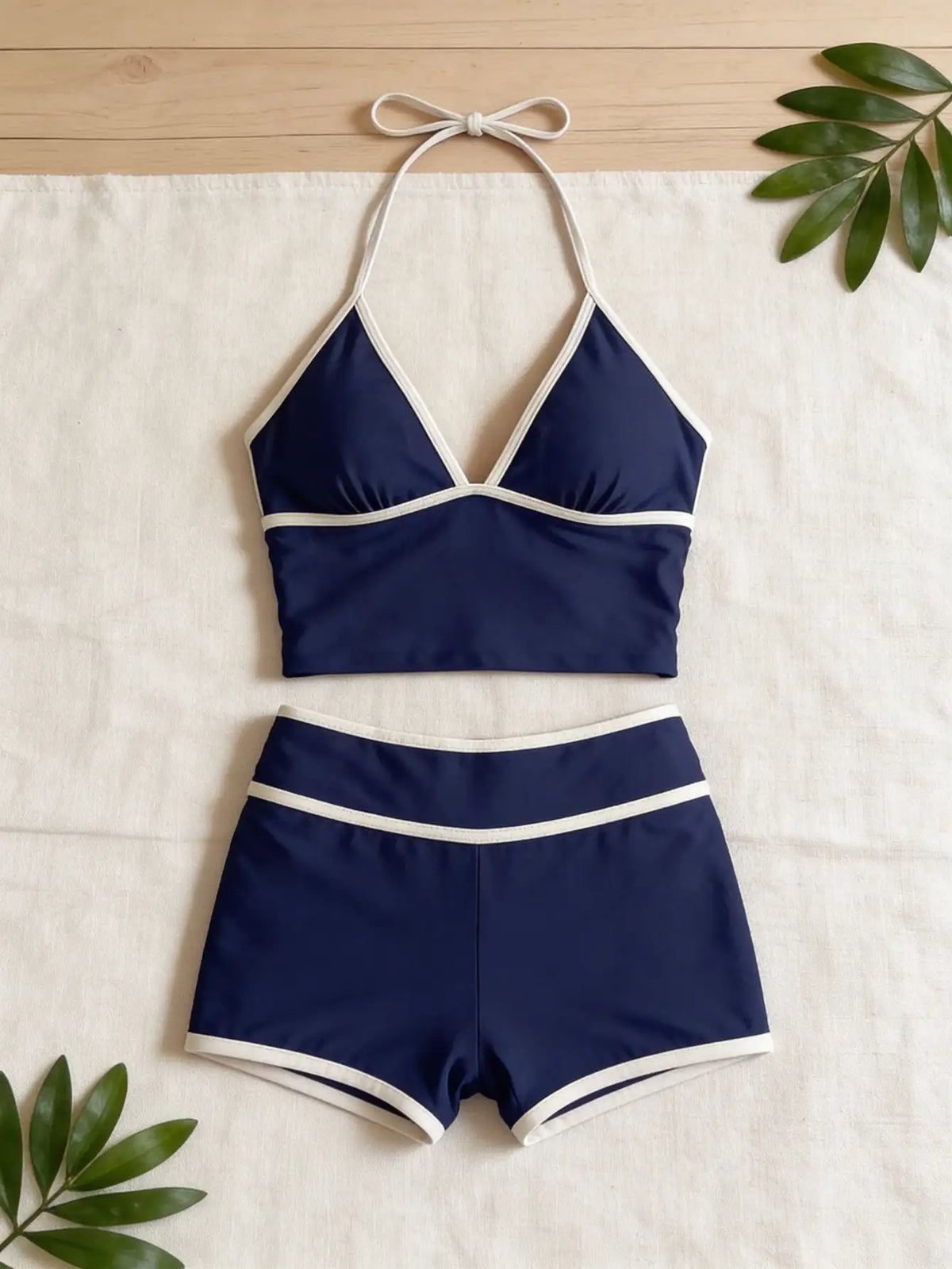 Contrast Trim Backless High Waist Tankini Set | Beacheers