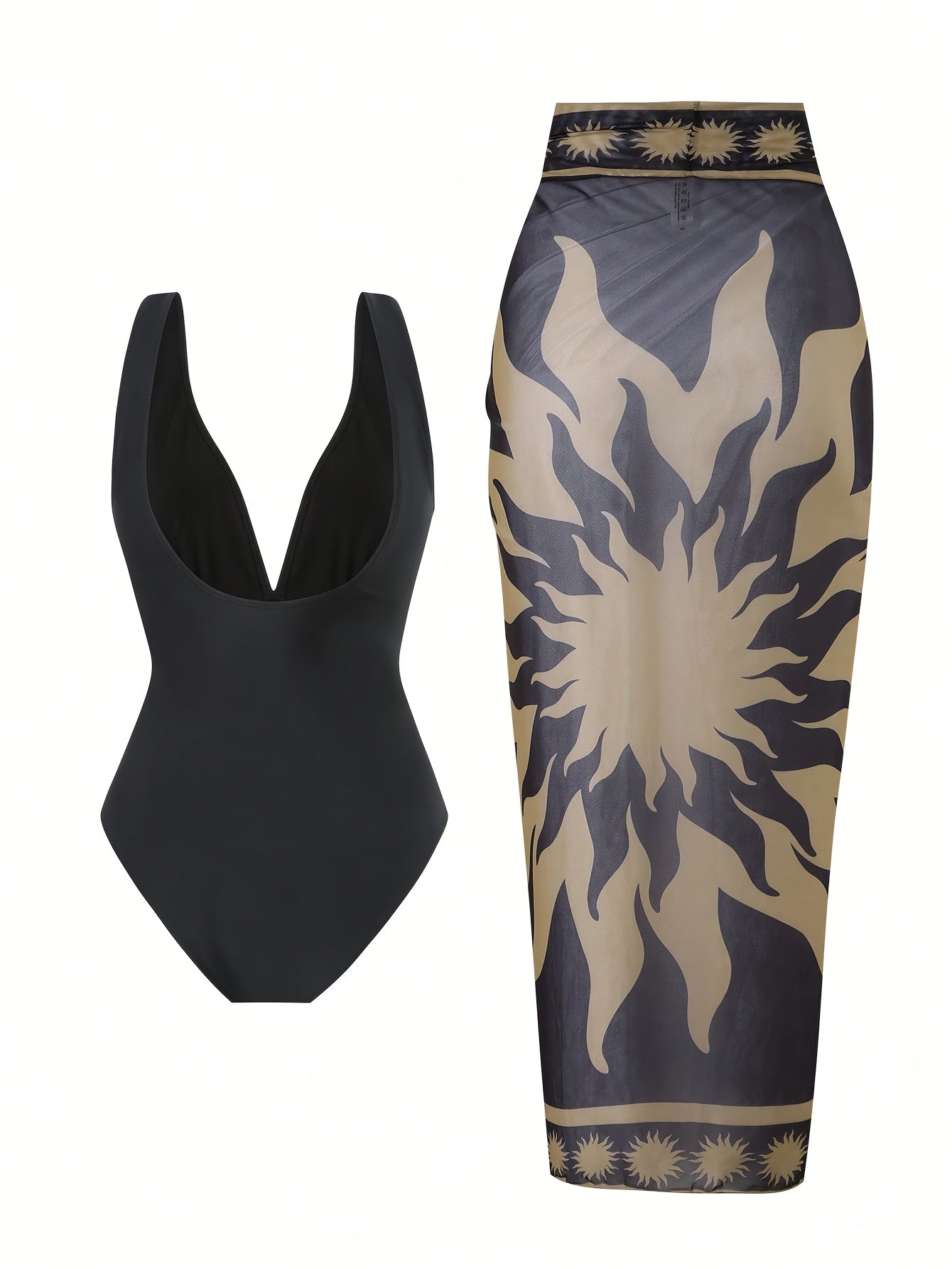 Deep V Neck One Piece Swimsuit and Mesh Printed Beach Cover Up Skirt Set | Beacheers