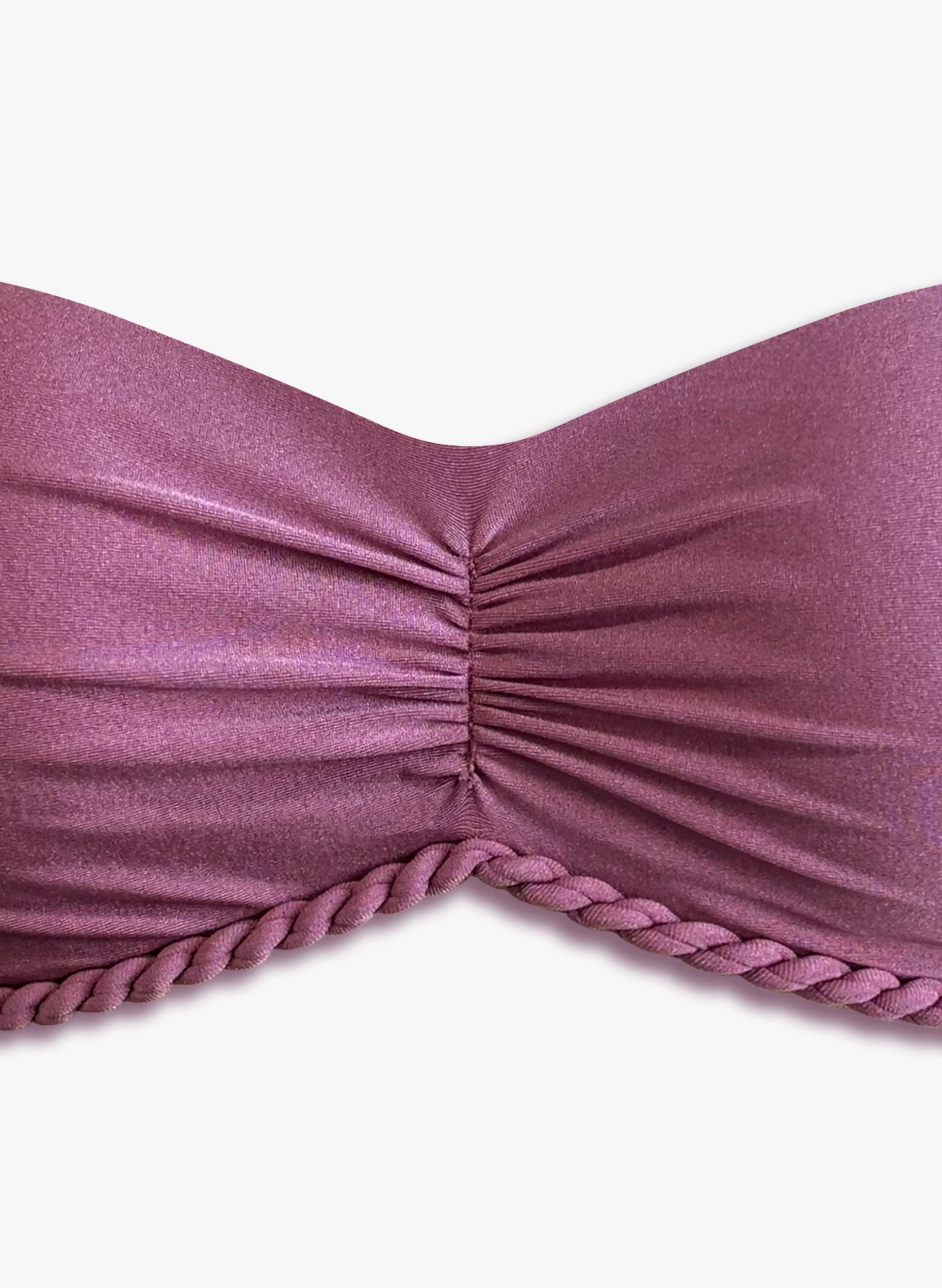Dusty Mauve Shiny Fabric Twist Rope Strap Ruched Bikini Set