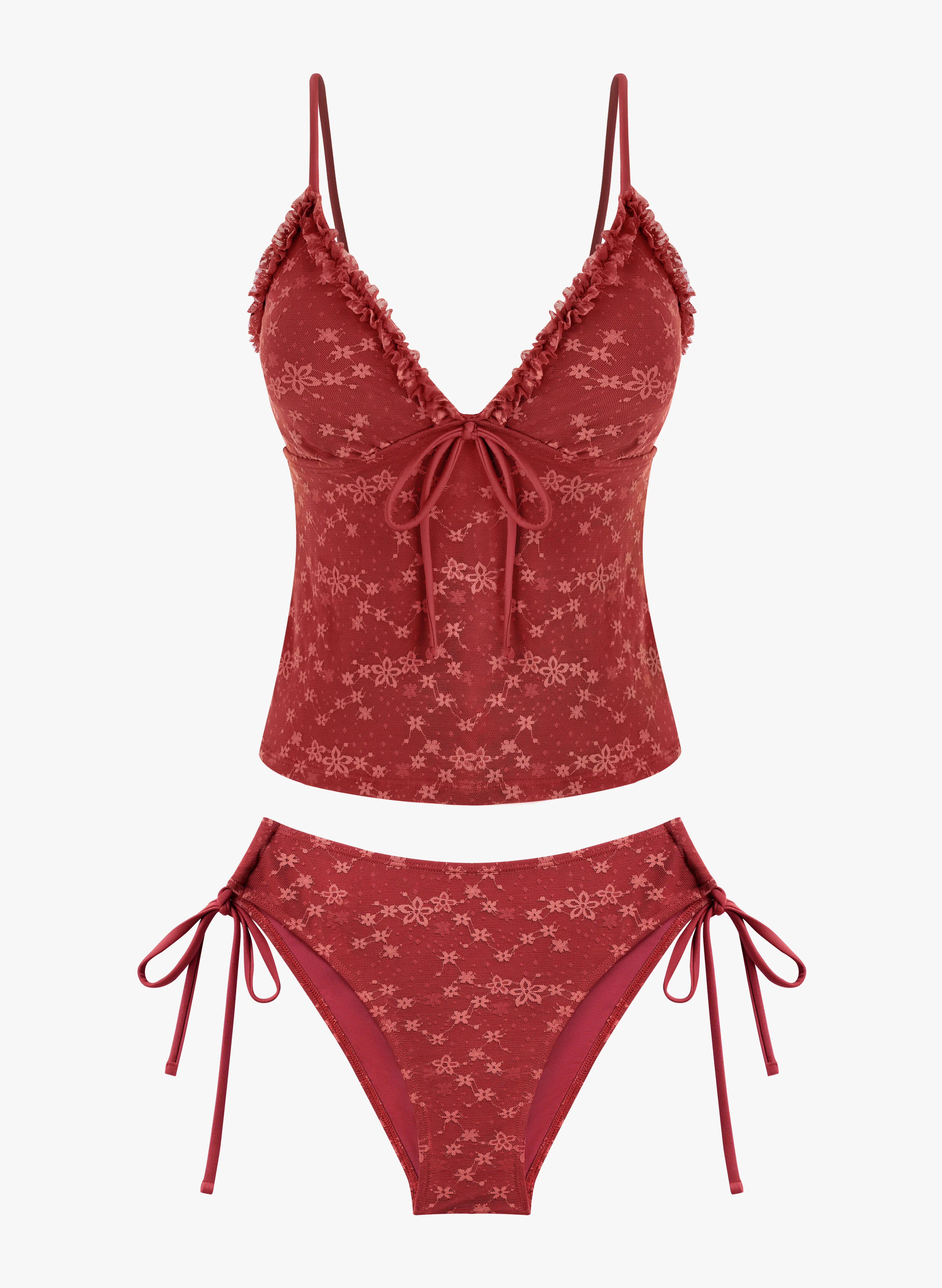 Elena Ruffle Front-Tie Tankini Set - Burgundy Floral