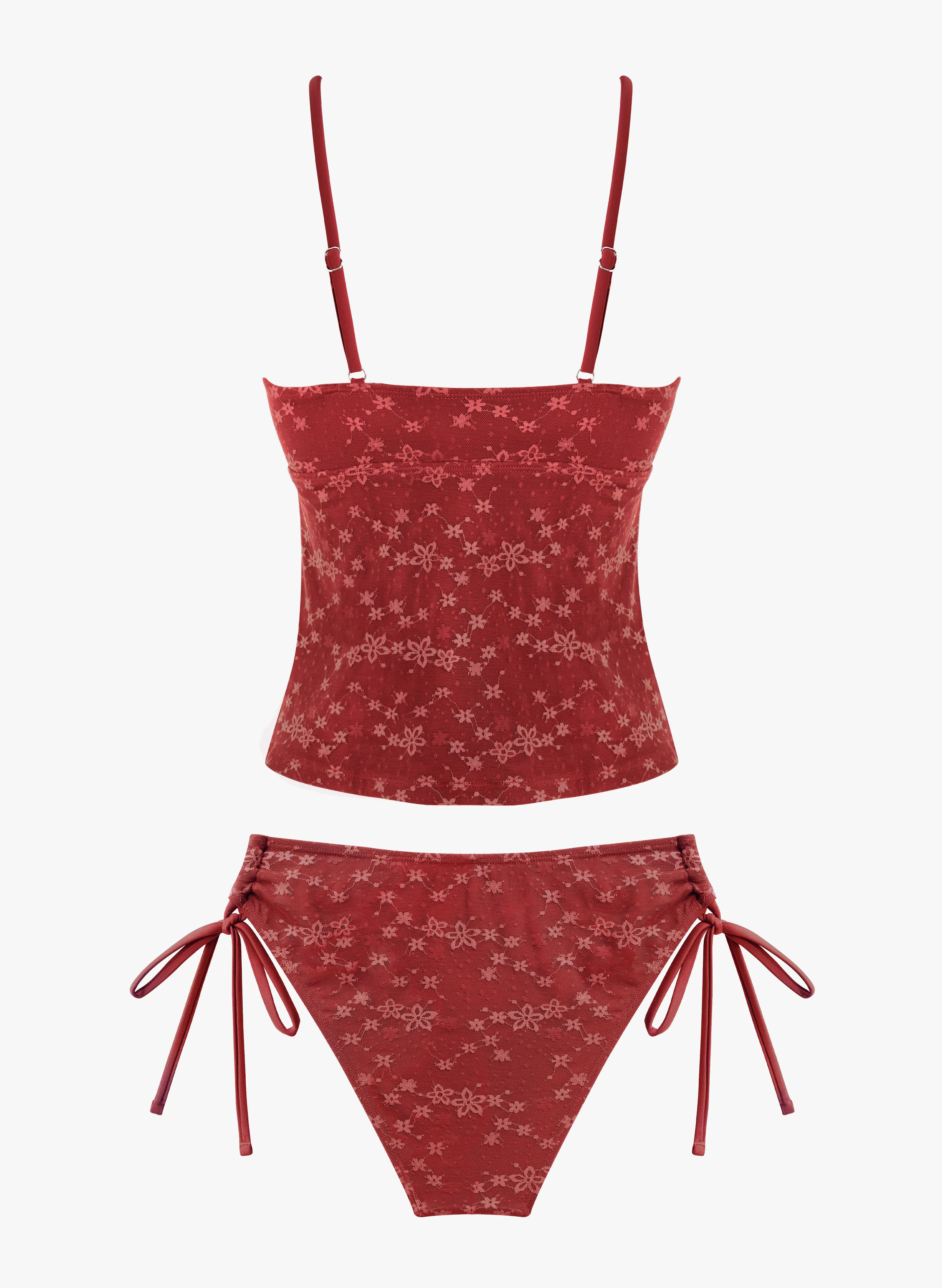 Elena Ruffle Front-Tie Tankini Set - Burgundy Floral