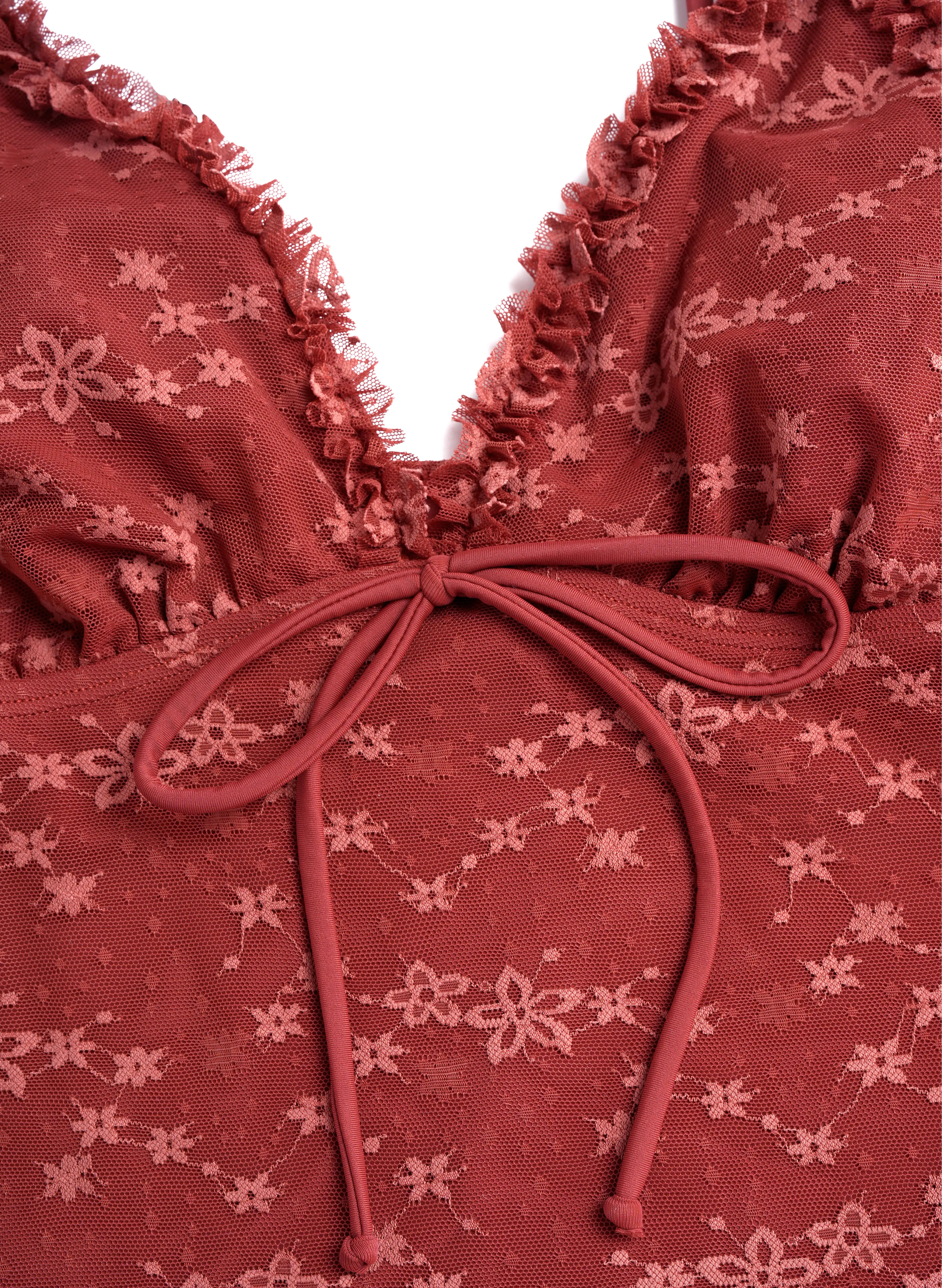 Elena Ruffle Front-Tie Tankini Set - Burgundy Floral