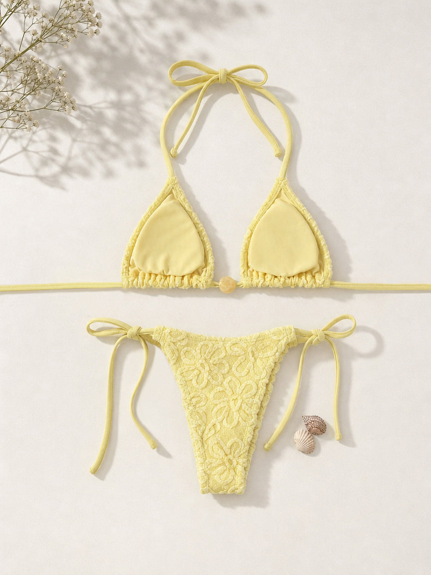 Floral Fabric High Cut Tie Side Bikini Set