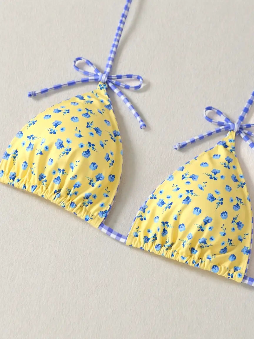 Floral Mae Striped Bow Tie Triangle Bikini Set - Lemon Blue Ditsy