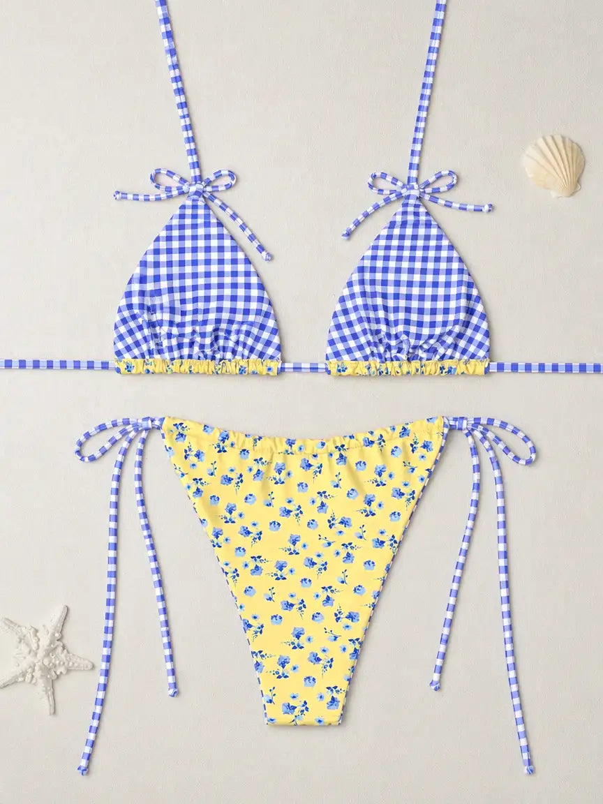 Floral Mae Striped Bow Tie Triangle Bikini Set - Lemon Blue Ditsy