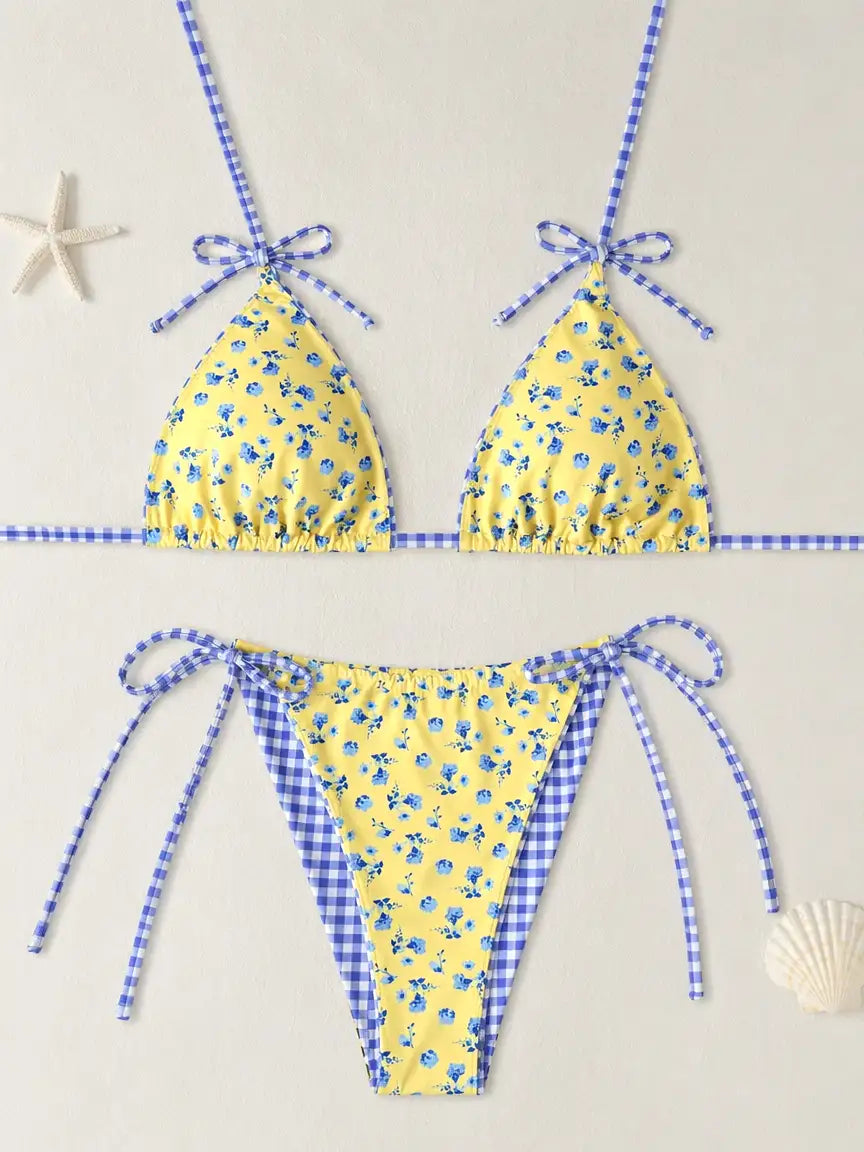Floral Mae Striped Bow Tie Triangle Bikini Set - Lemon Blue Ditsy