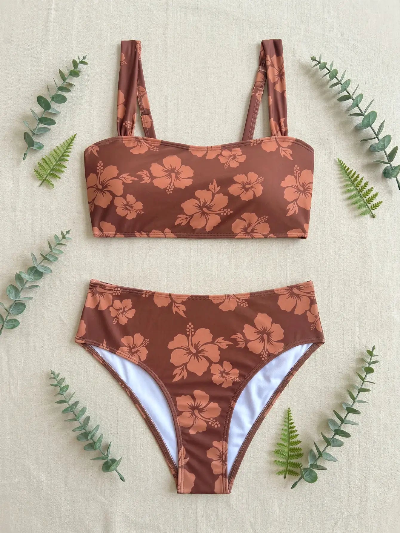 Floral Print Bandeau Adjustable Straps 2 Piece Bikini Set