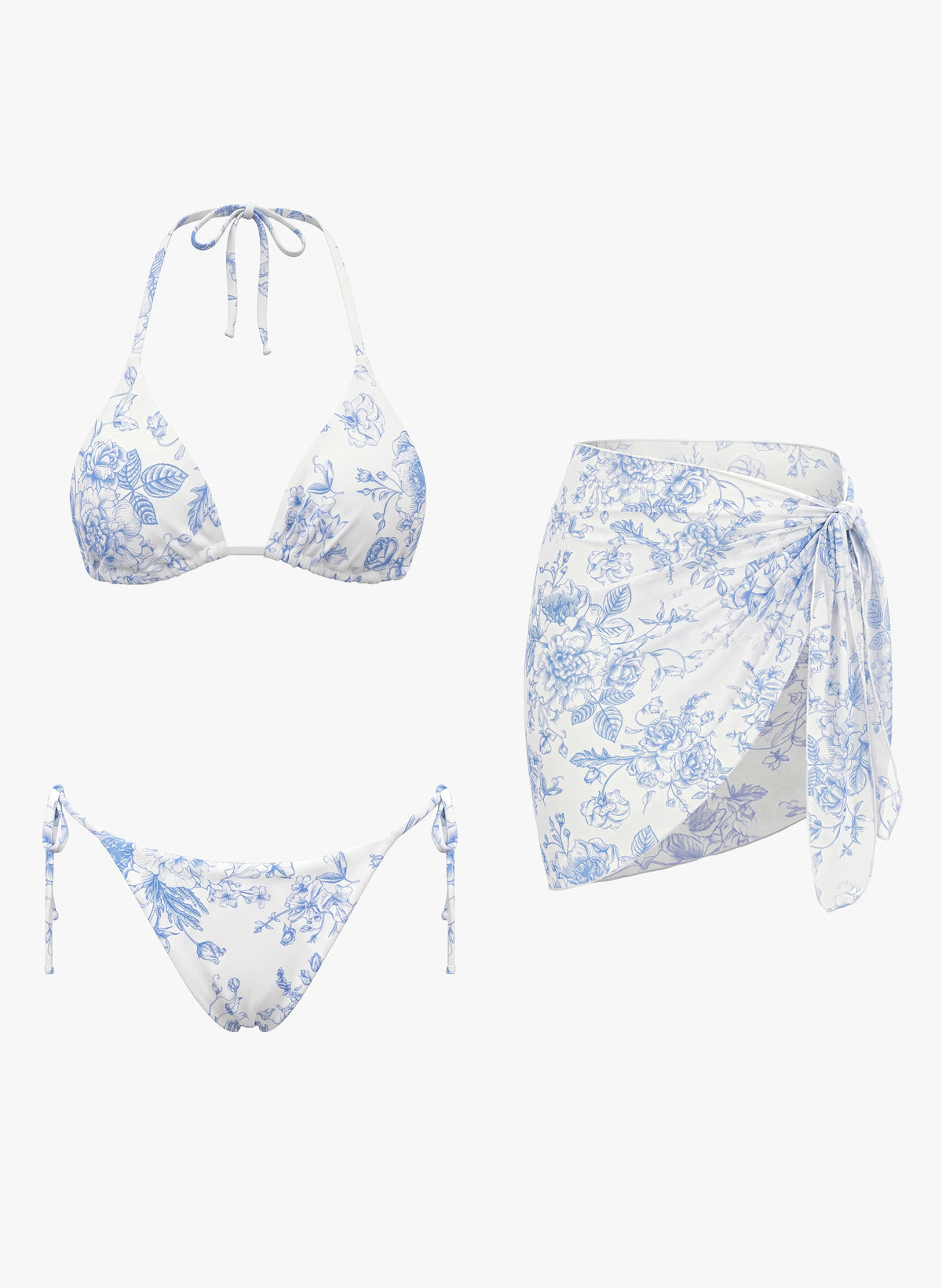 Floral Print Bikini Set With Sarong Skirt