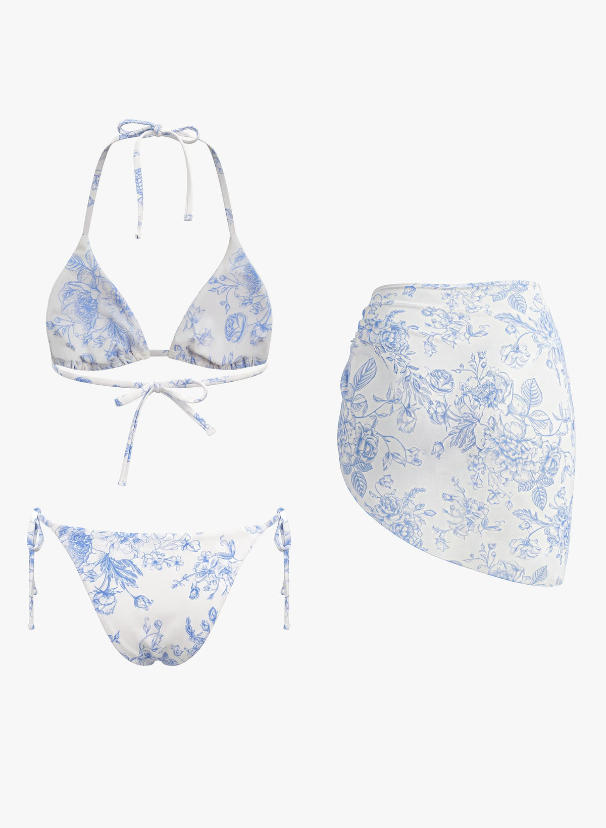 Floral Print Bikini Set With Sarong Skirt