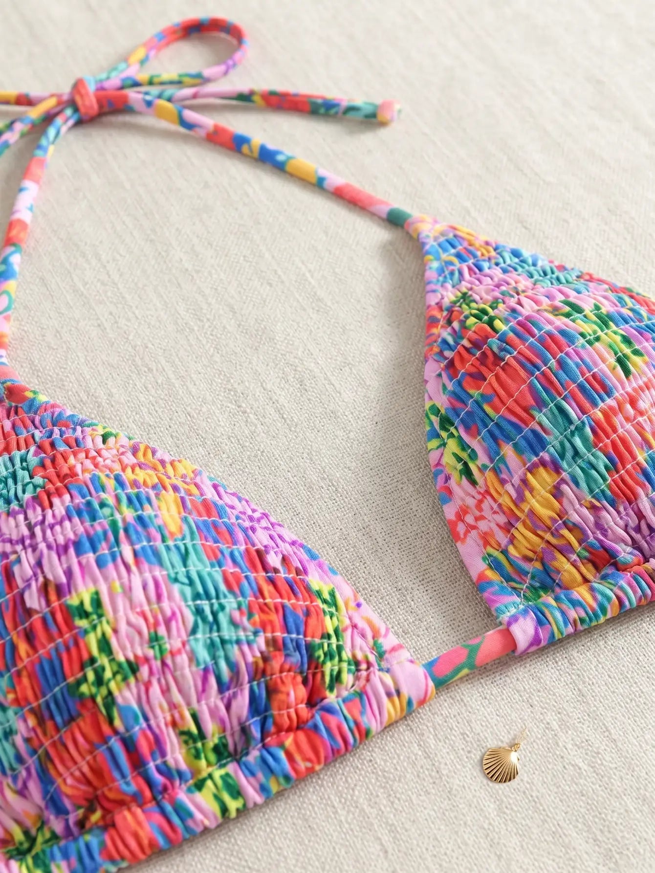 Floral Smocked Halter Triangle Bikini Set