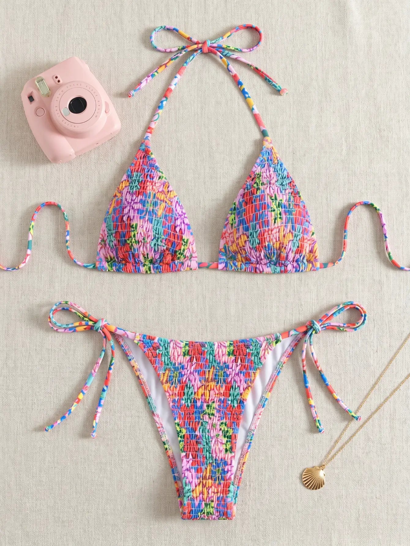 Floral Smocked Halter Triangle Bikini Set