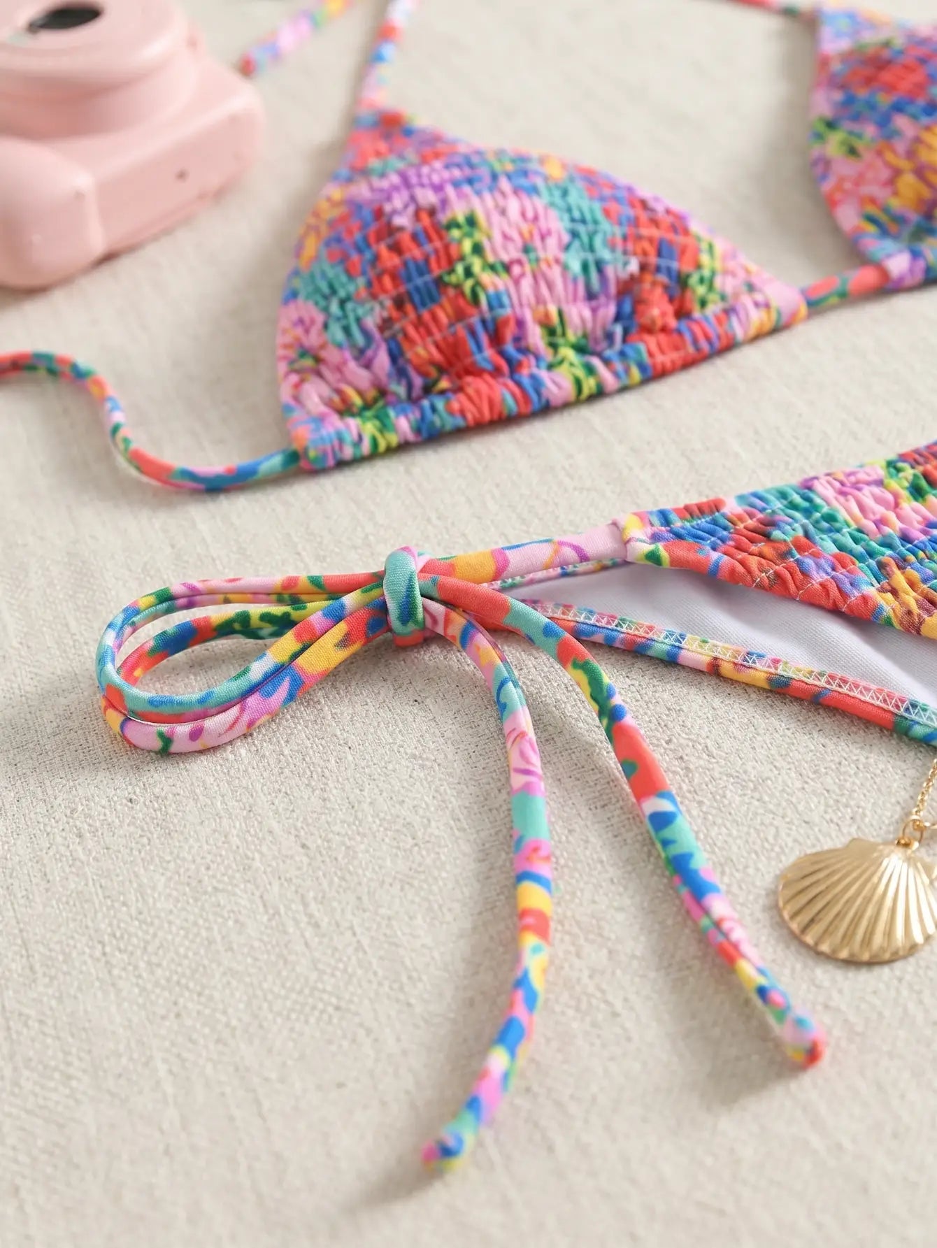 Floral Smocked Halter Triangle Bikini Set