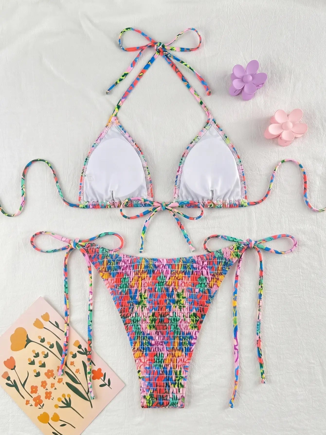 Floral Smocked Halter Triangle Bikini Set
