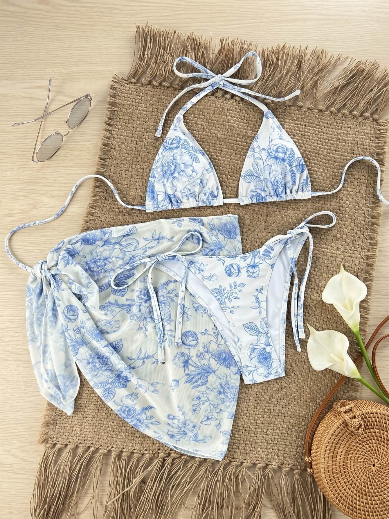 Floral Print Bikini Set With Sarong Skirt | Beacheers