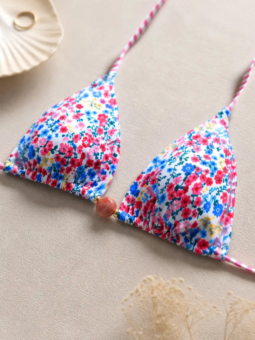 Freya Bead Front Triangle Bikini Set - Multicolor Ditsy Floral
