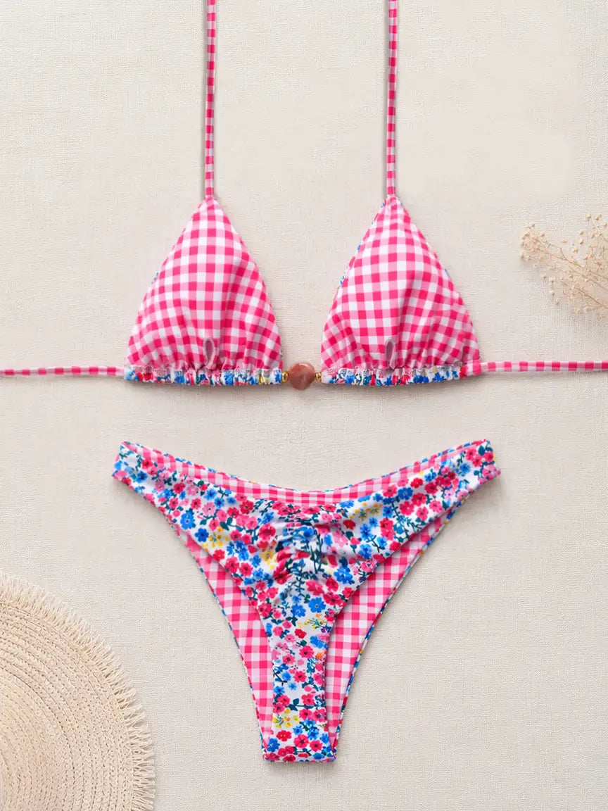 Freya Bead Front Triangle Bikini Set - Multicolor Ditsy Floral