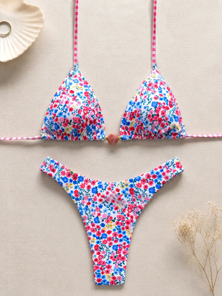 Freya Bead Front Triangle Bikini Set - Multicolor Ditsy Floral