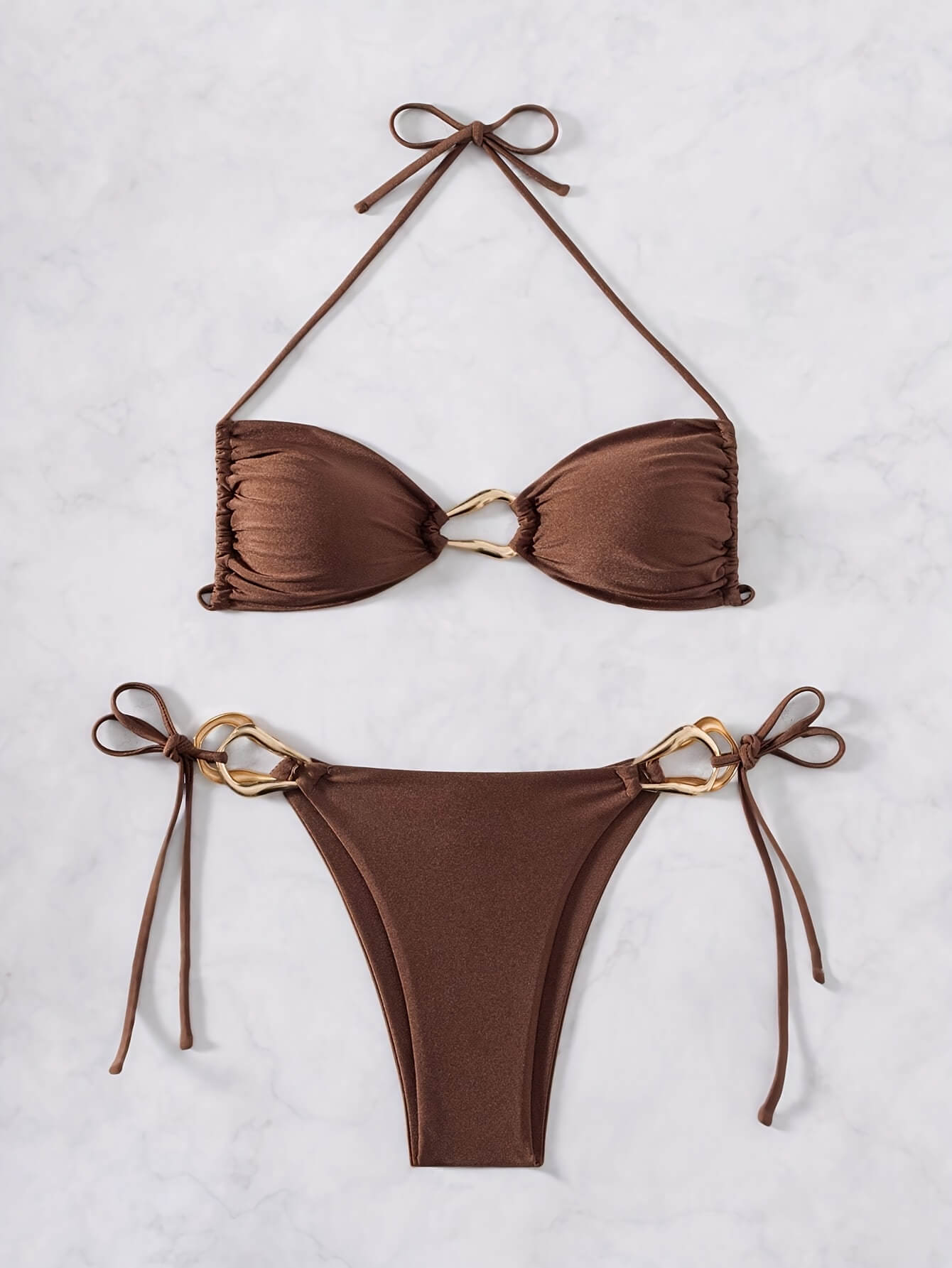Gold Metal Hardware Halter Side Tie Two Piece Swimsuit | Beacheers