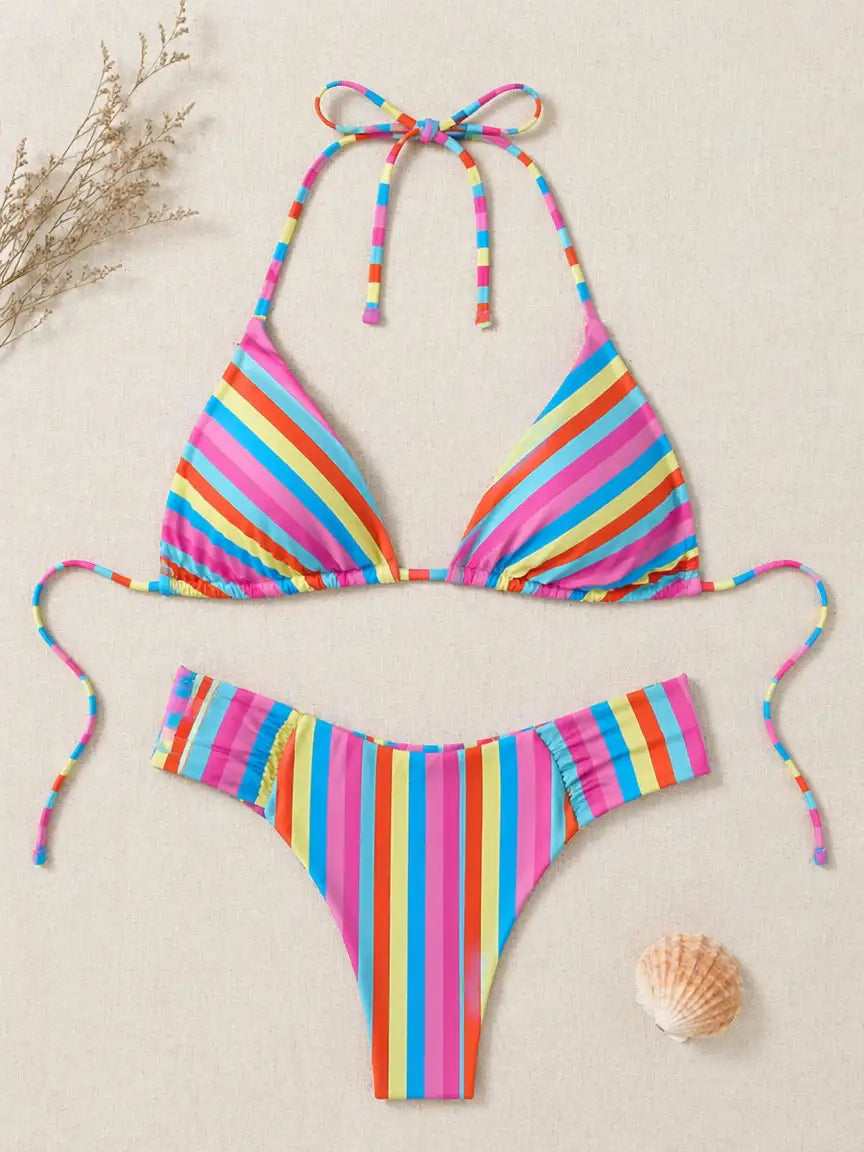 Ibiza Rainbow Stripe Halter Two-Piece Bikini Set