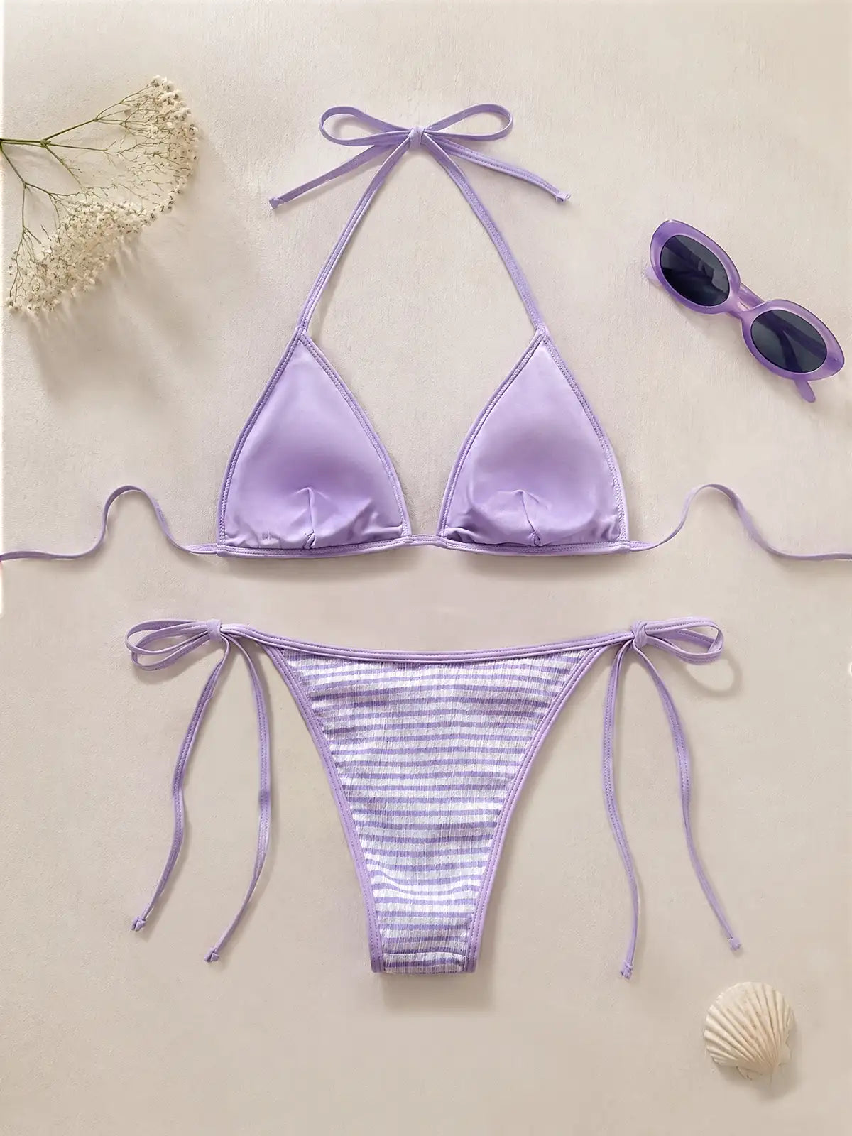 Lavender Gingham Reversible Tie Side Triangle Bikini Set