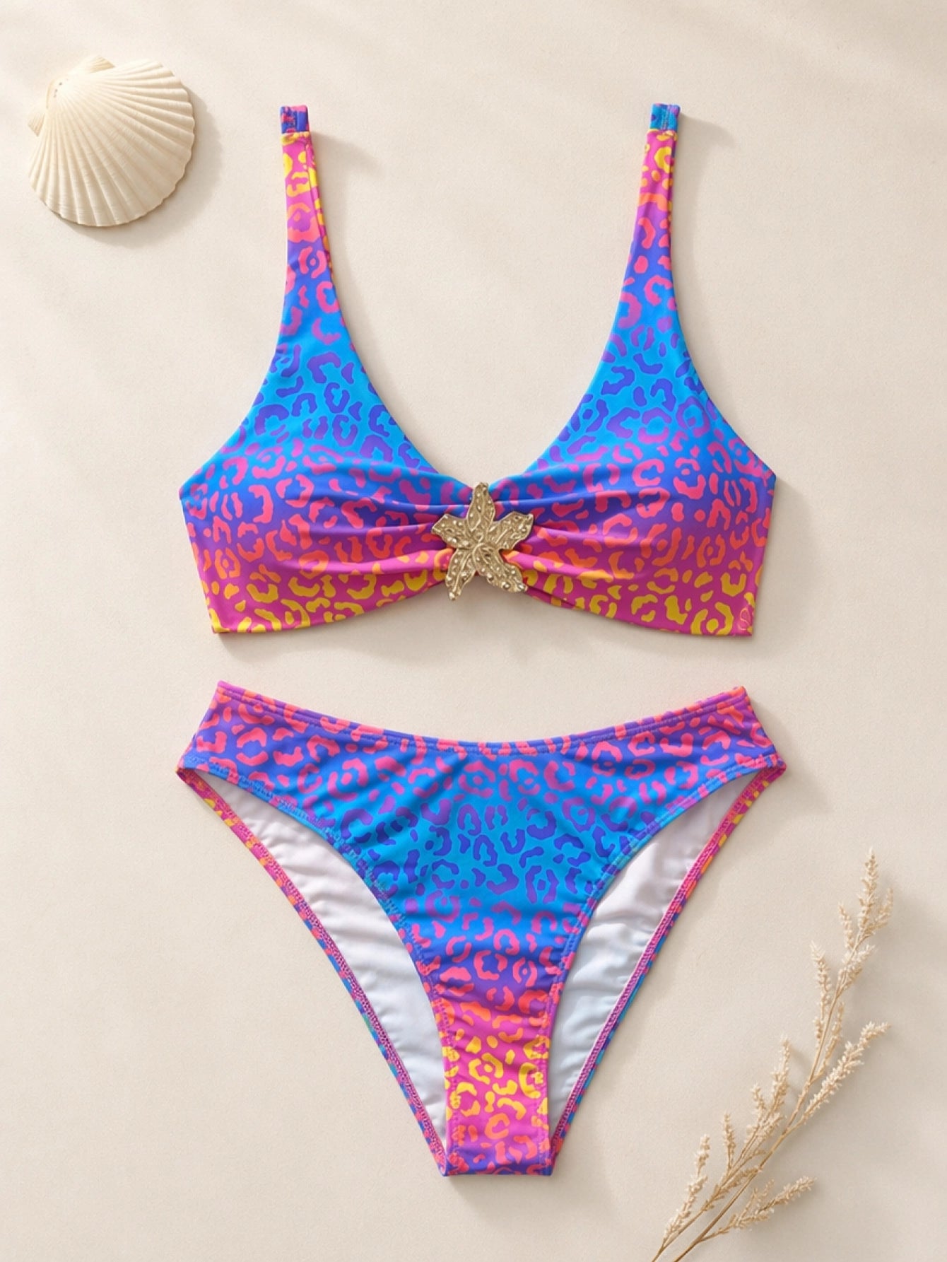 Leopard Print Thick Strap Metal Decor Twist Back Bikini Set– Beacheers