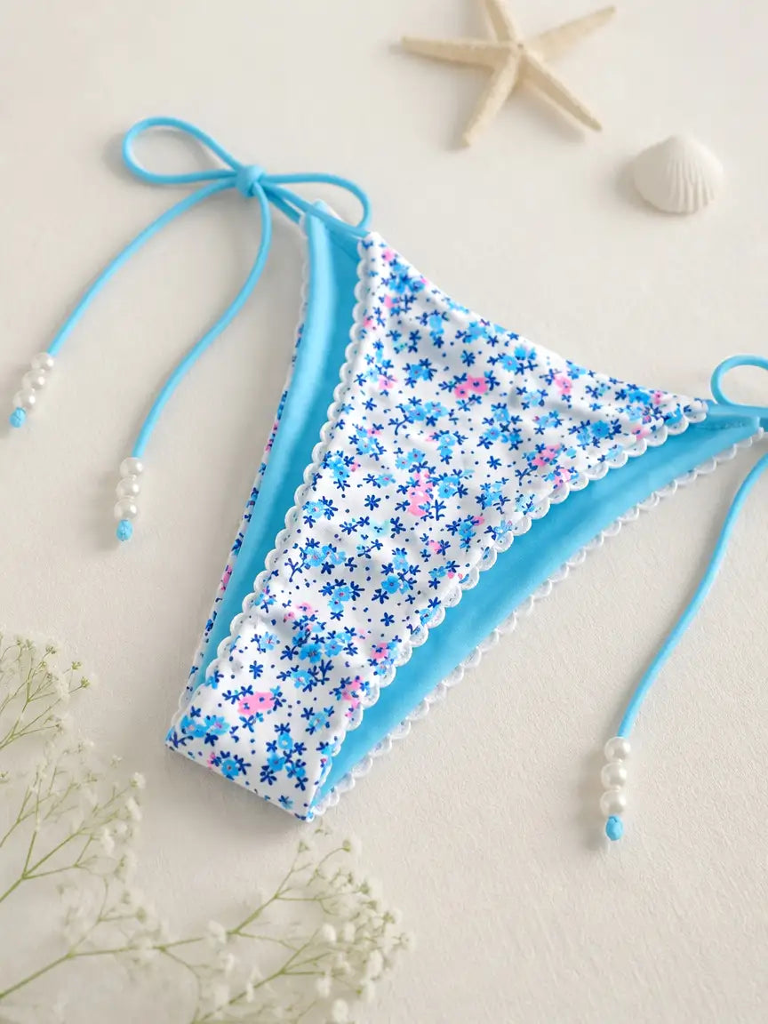 Lila Ditsy Floral Scallop Side Tie Bikini Set - Sky Blue