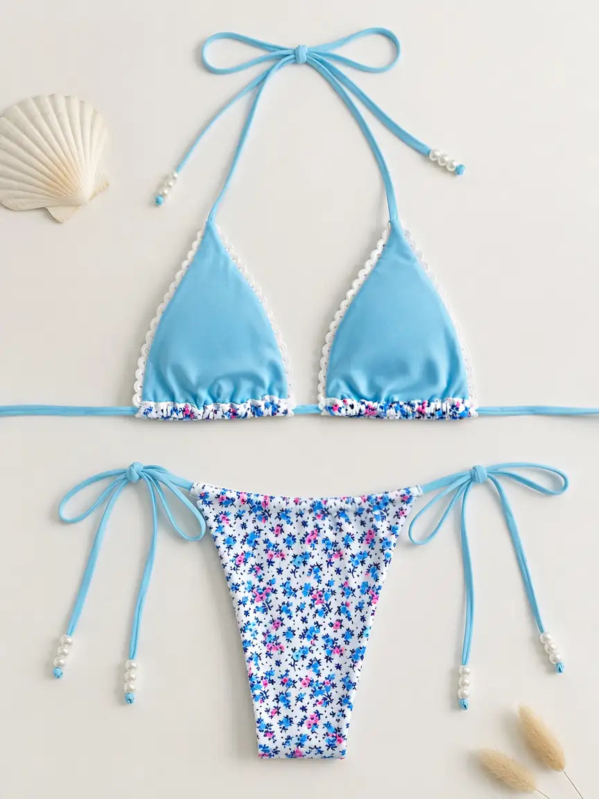 Lila Ditsy Floral Scallop Side Tie Bikini Set - Sky Blue