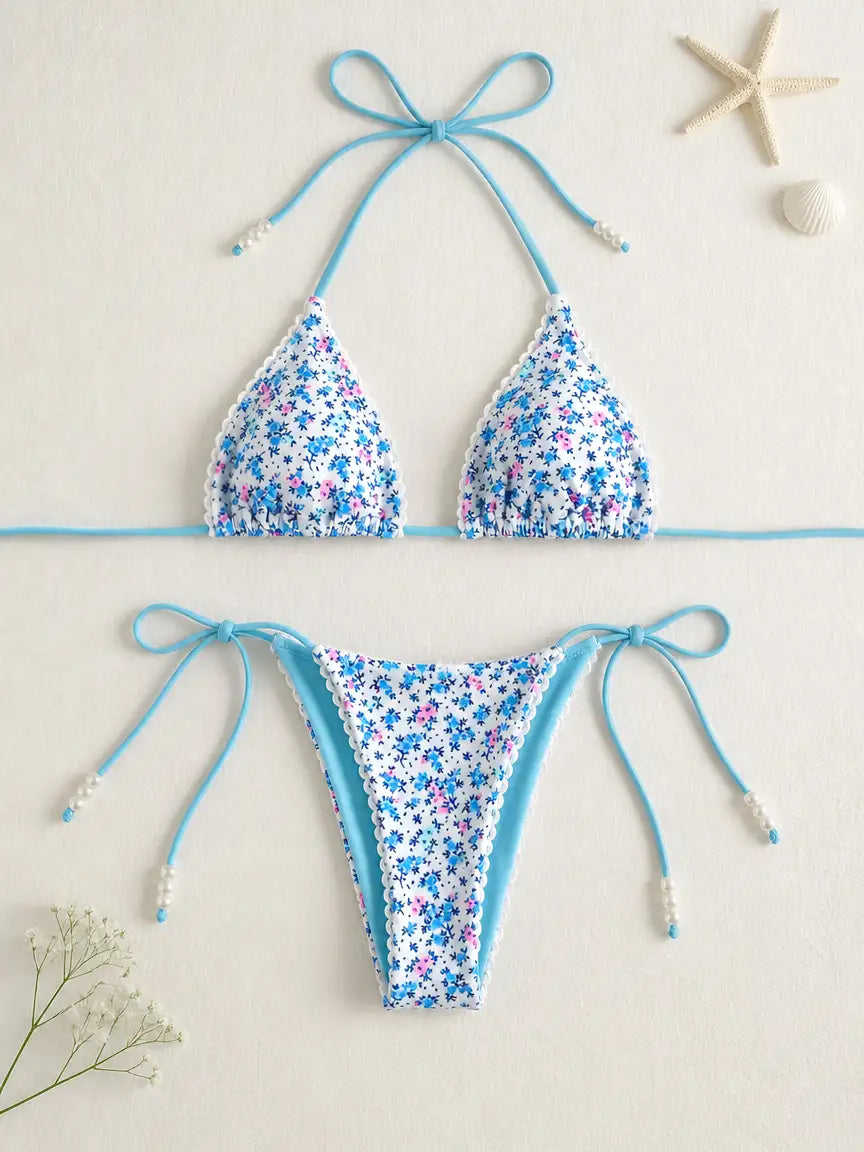 Lila Ditsy Floral Scallop Side Tie Bikini Set - Sky Blue
