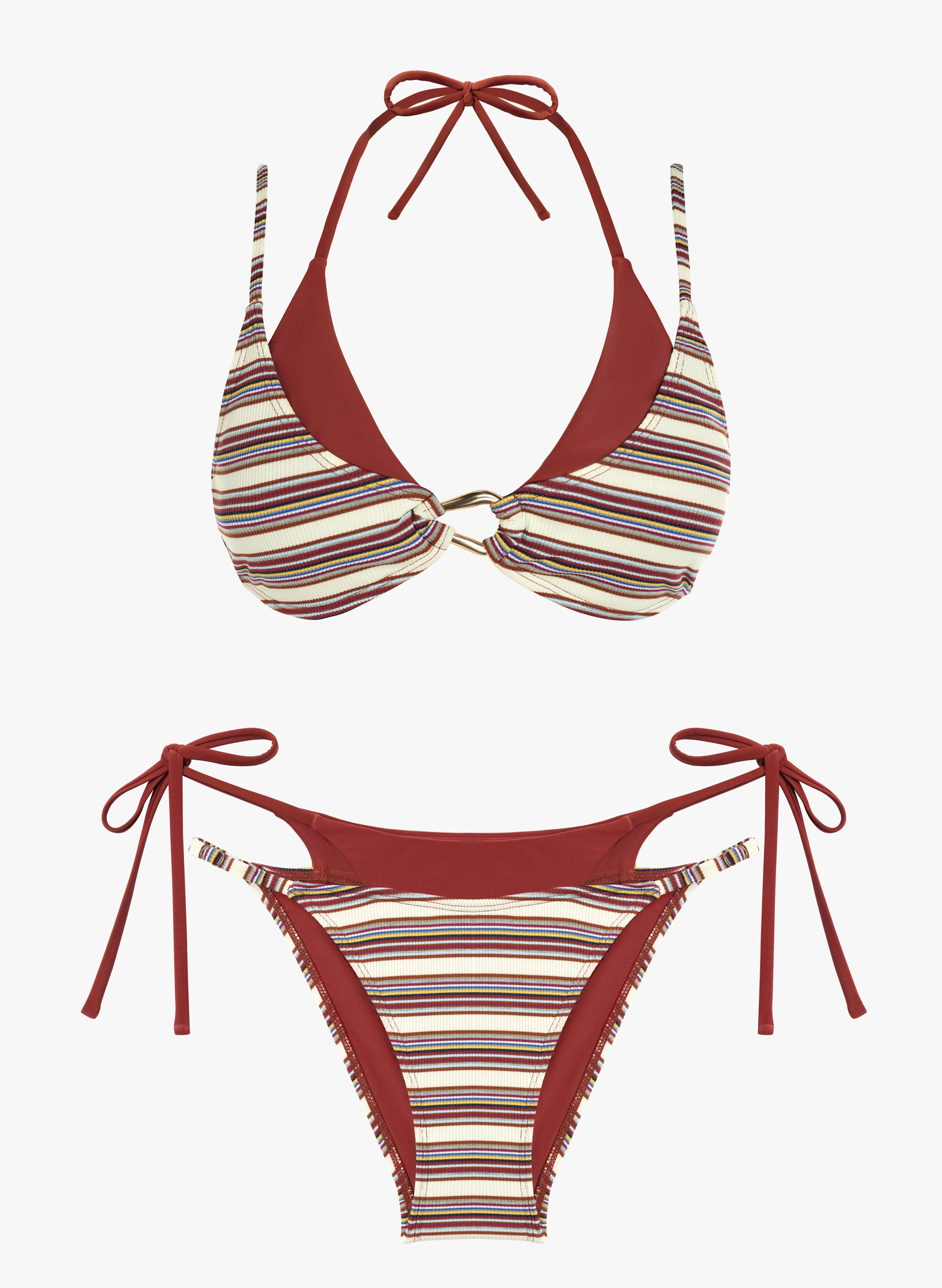 Loredo Striped Ring Front Bikini Set - Merlot Brown Stripe