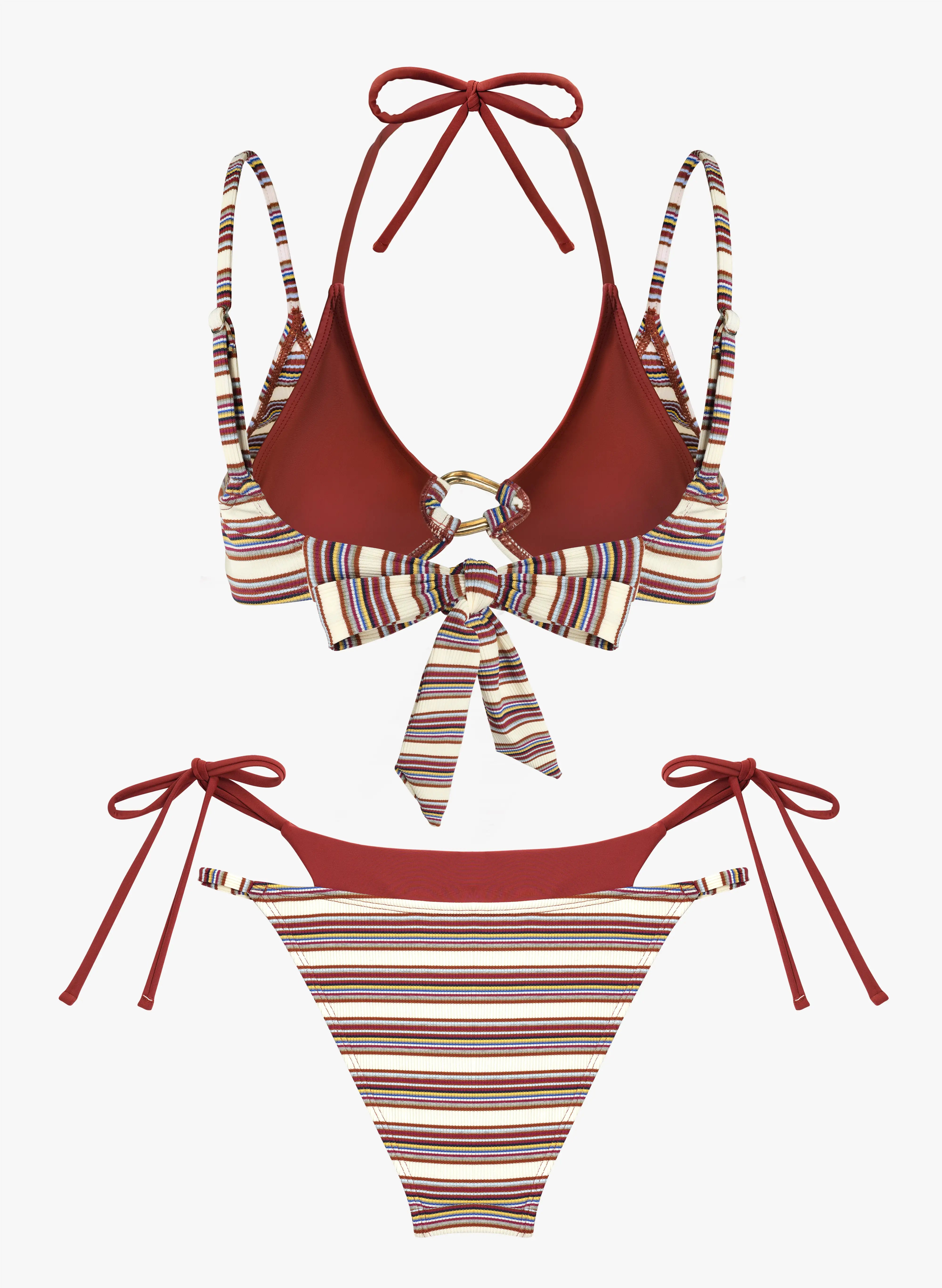 Loredo Striped Ring Front Bikini Set - Merlot Brown Stripe